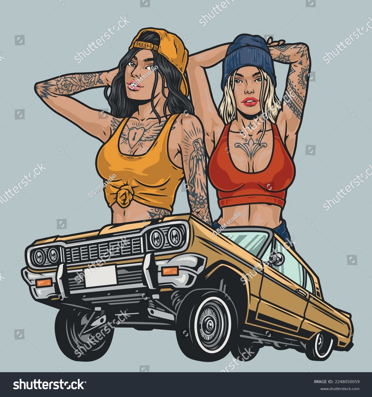 SVG of Girls and wheelbarrow colorful label beautiful models with tattoos in stylish clothes and car for lowrider subculture vector illustration svg