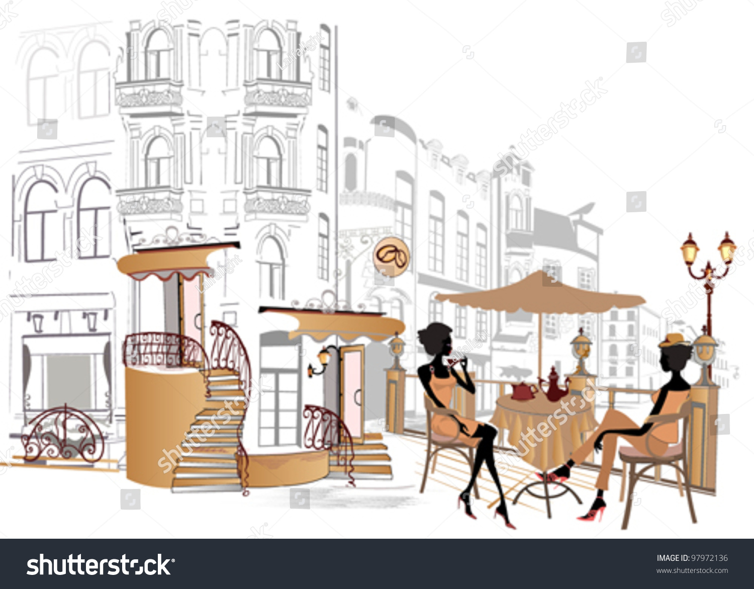 Girls Drinking Coffee In The Street Cafe Stock Vector Illustration ...