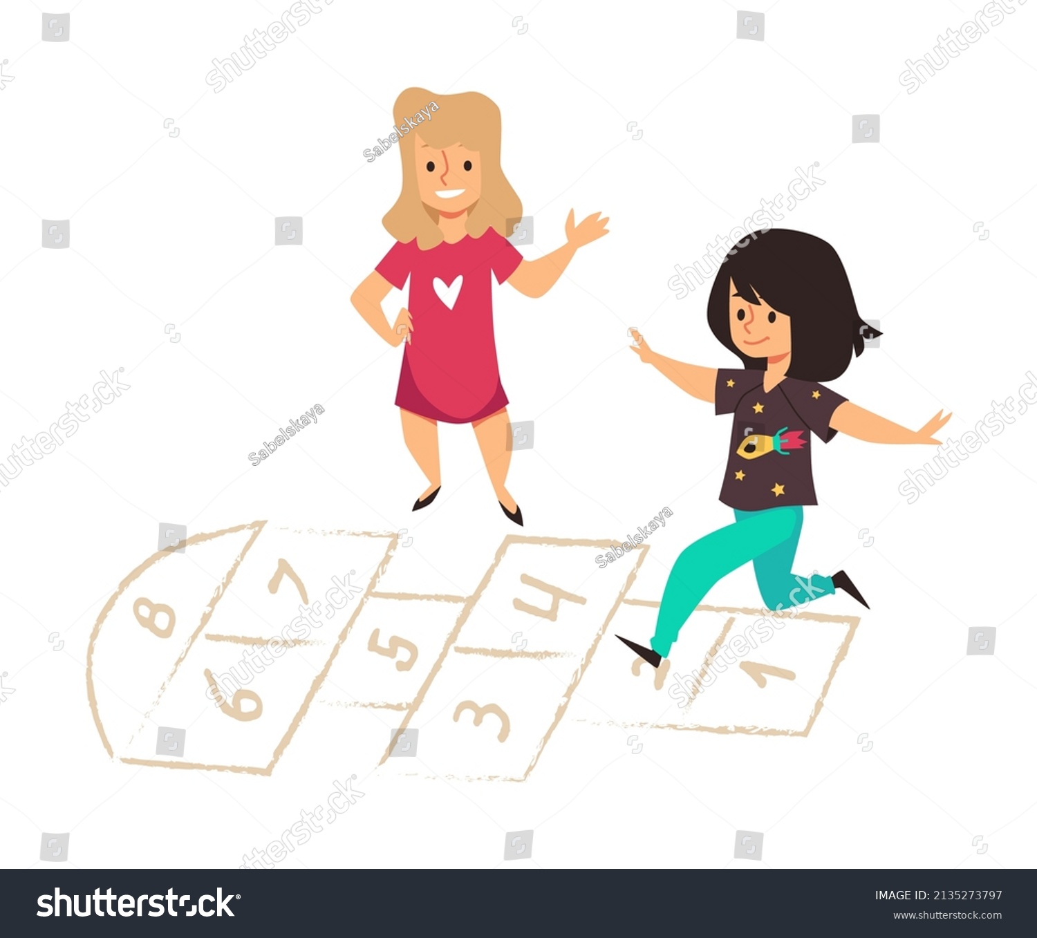 Girls Friends Playing Hopscotch Together Cartoon Stock Vector (Royalty ...