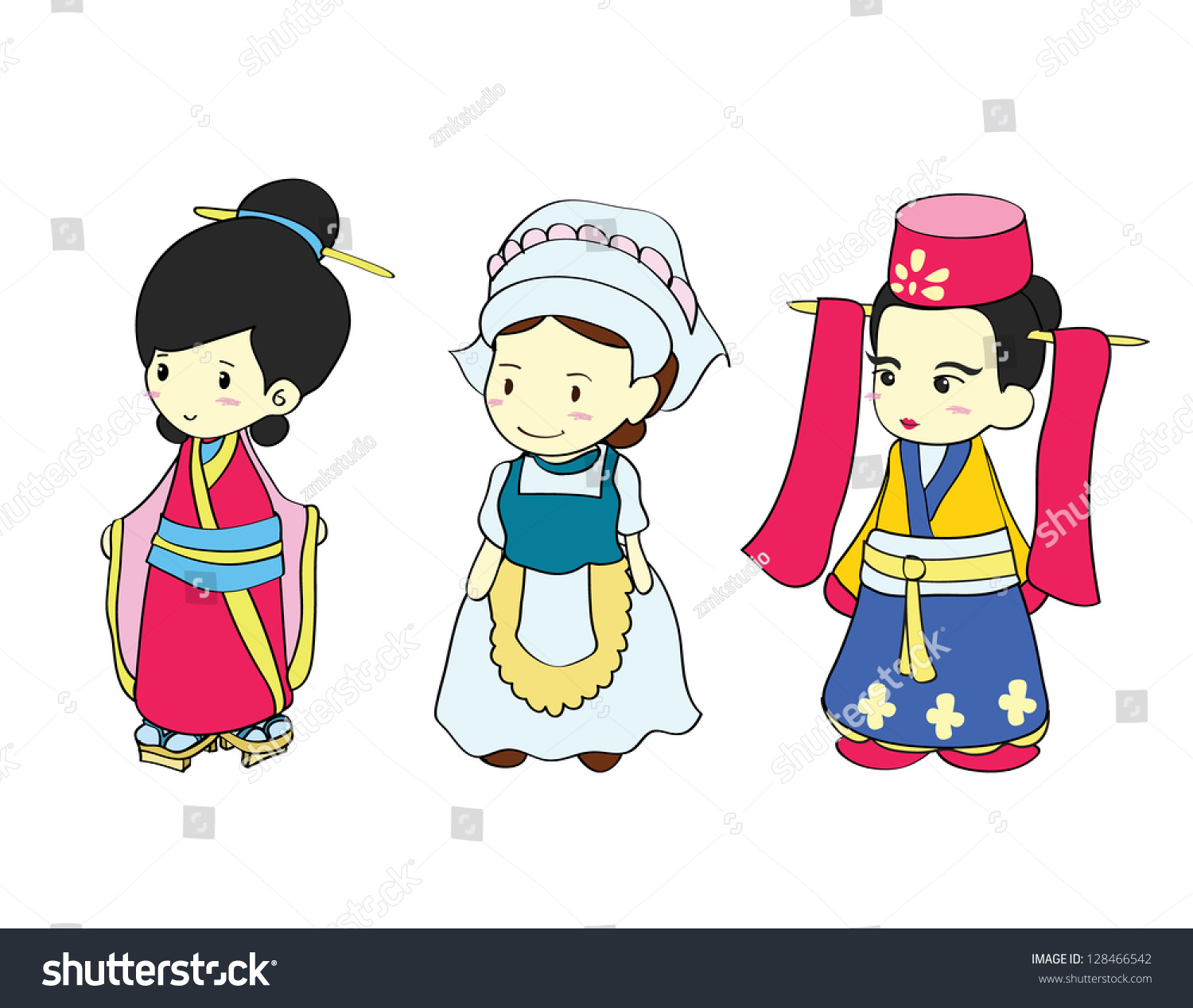 Girls In Traditional Costume Of Asian Country , Cartoon Vector ...