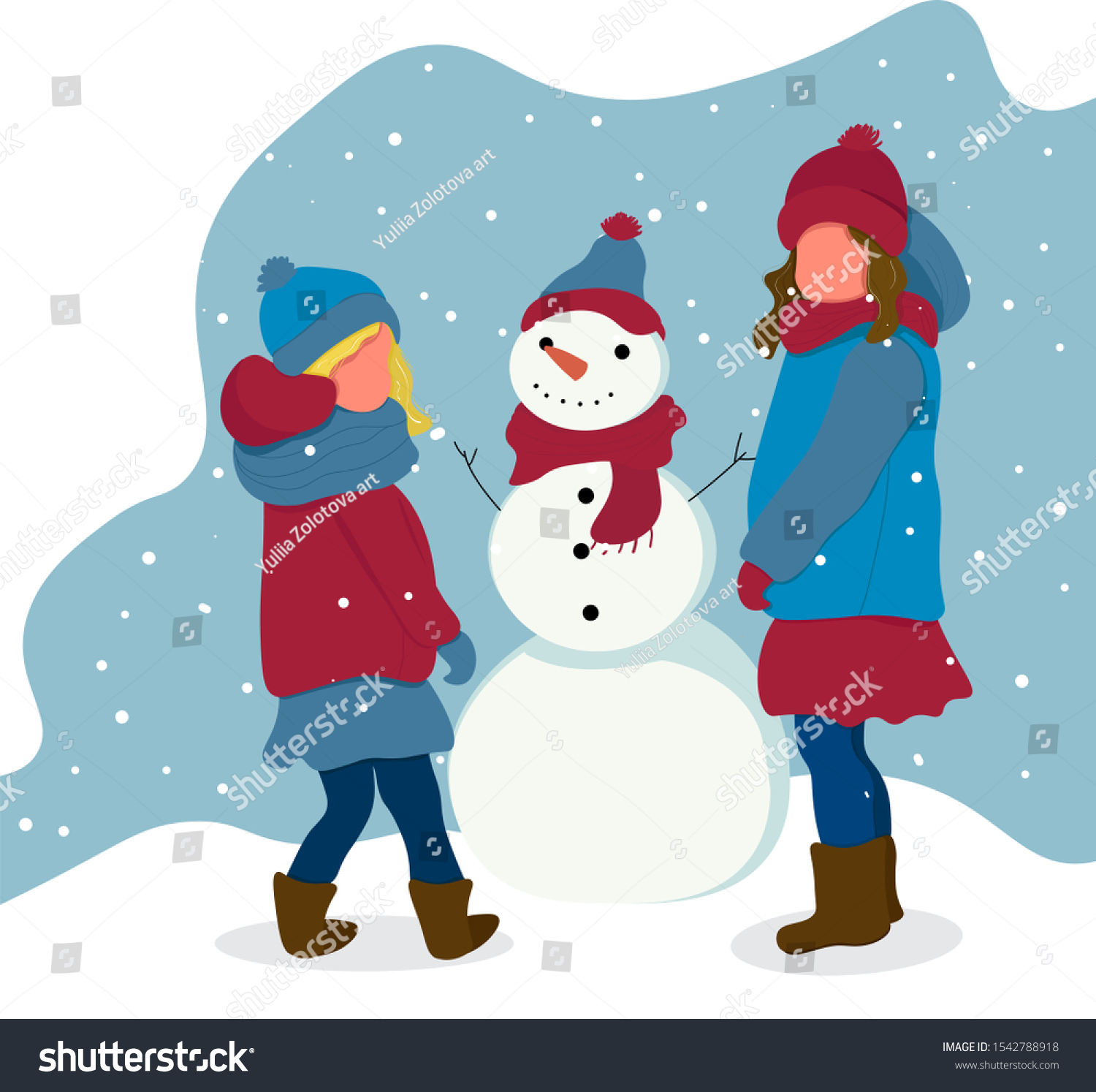 Girls Snowmen Flat Vector Winter Actives Stock Vector (royalty Free 