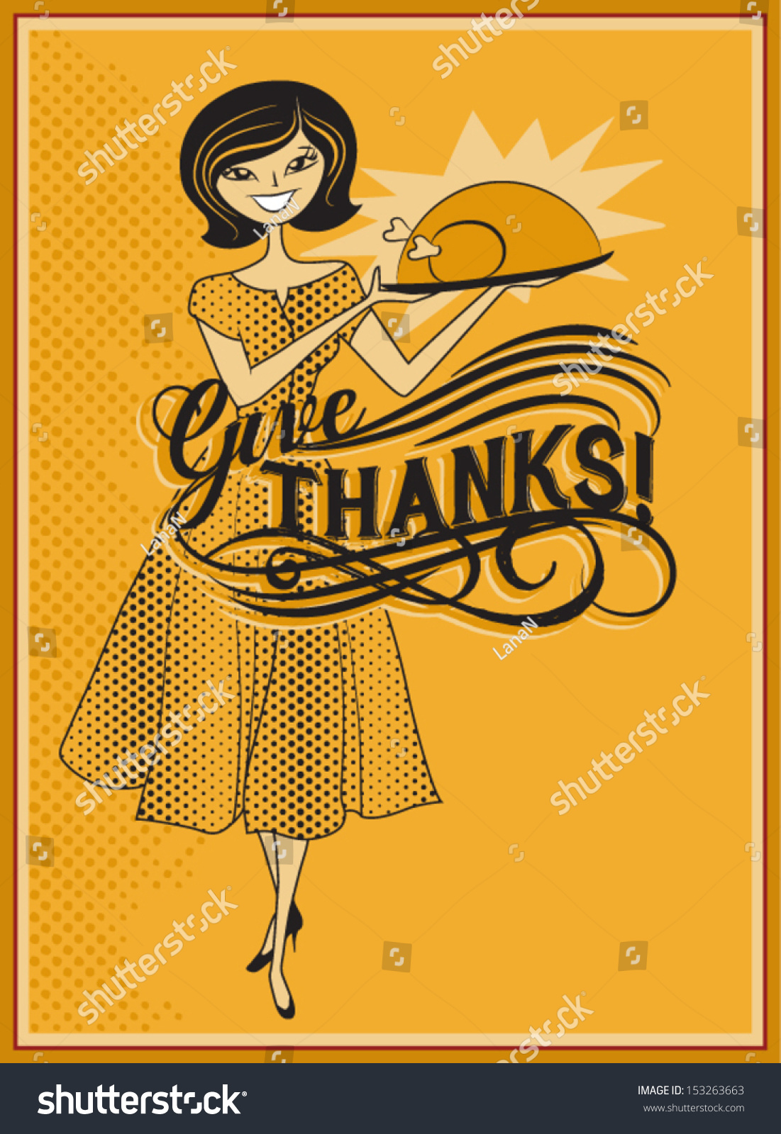 SVG of Give Thanks - Retro style Thanksgiving ad, with hostess offering turkey roast svg