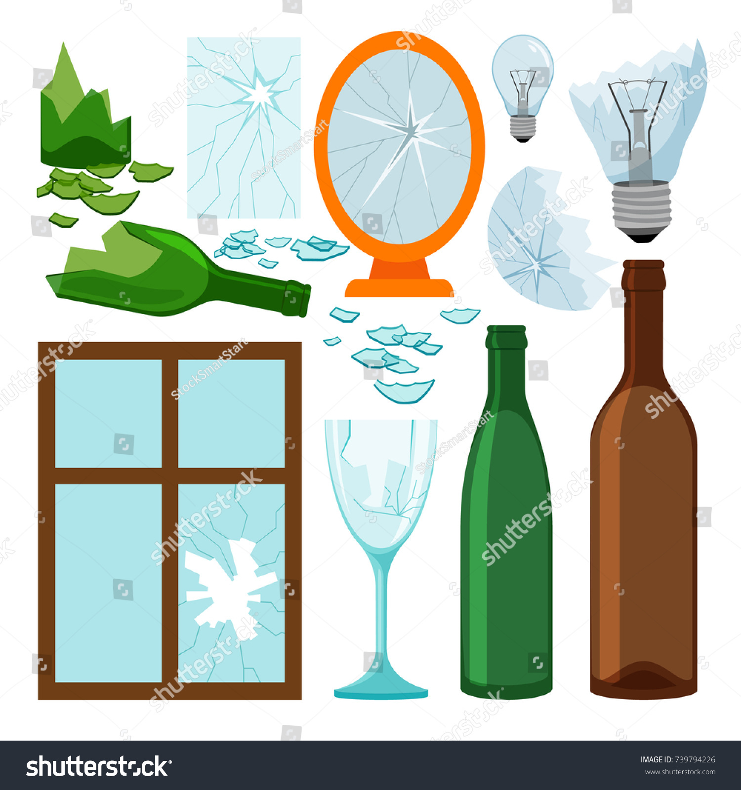 SVG of Glass garbage collection, empty bottles, brokem mirror and window, light bulbs vector icons svg