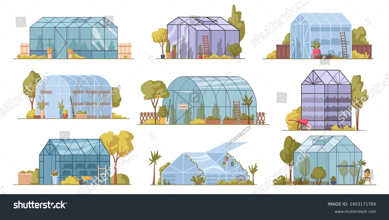 SVG of Glass orangery, botanical garden greenhouse with potted plants. Vector hothouse for growing crops and agriculture. Glasshouse for homegrown products, natural and organic cultivation of ingredients svg
