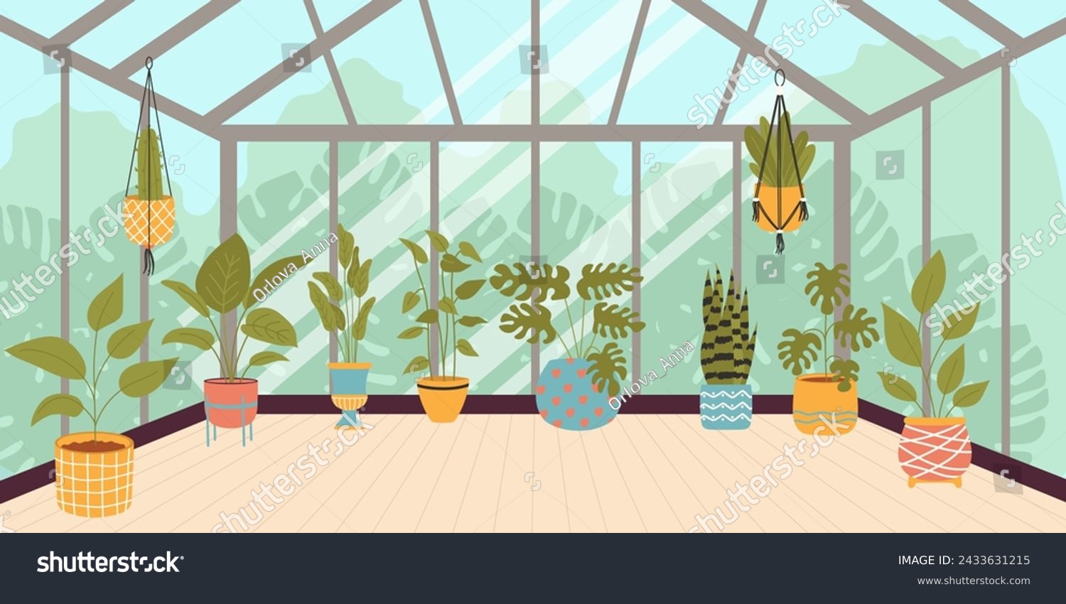 SVG of Glasshouse or botanical garden with plants. Vector illustration. svg