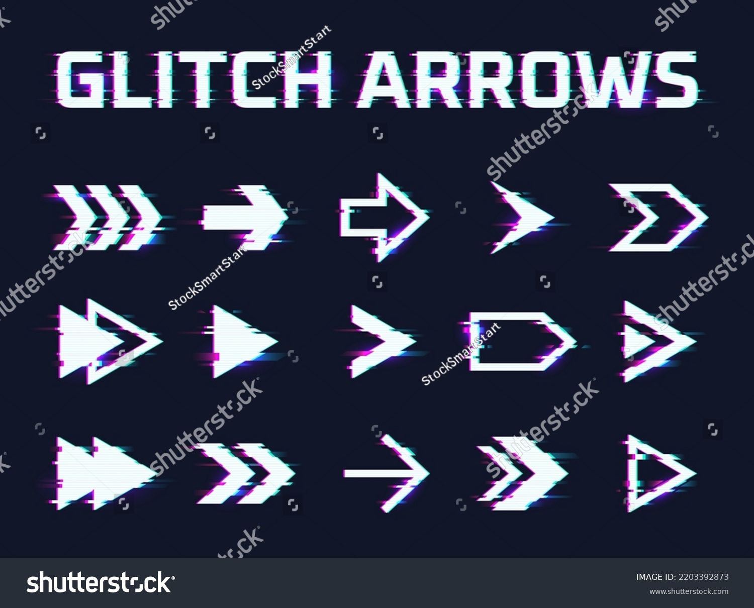 SVG of Glitch arrows. Glitched directional movement arrow, hud hologram cyberpunk next direction digital television effect back 1980 navigation sci-fi cursor, garish vector illustration of glitch defect svg