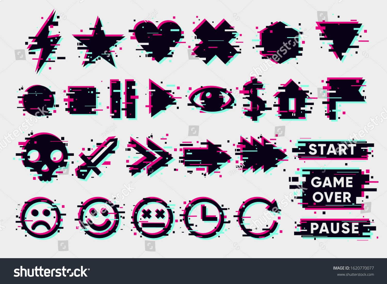 SVG of Glitch icons set. Interface navigation elements with glitchy effect. Vector signs collection on white background. Game design elements. svg