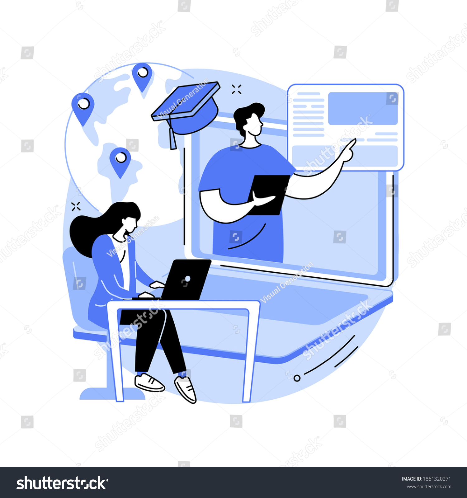 online education concept: blue style, laptop, world map clip art preview