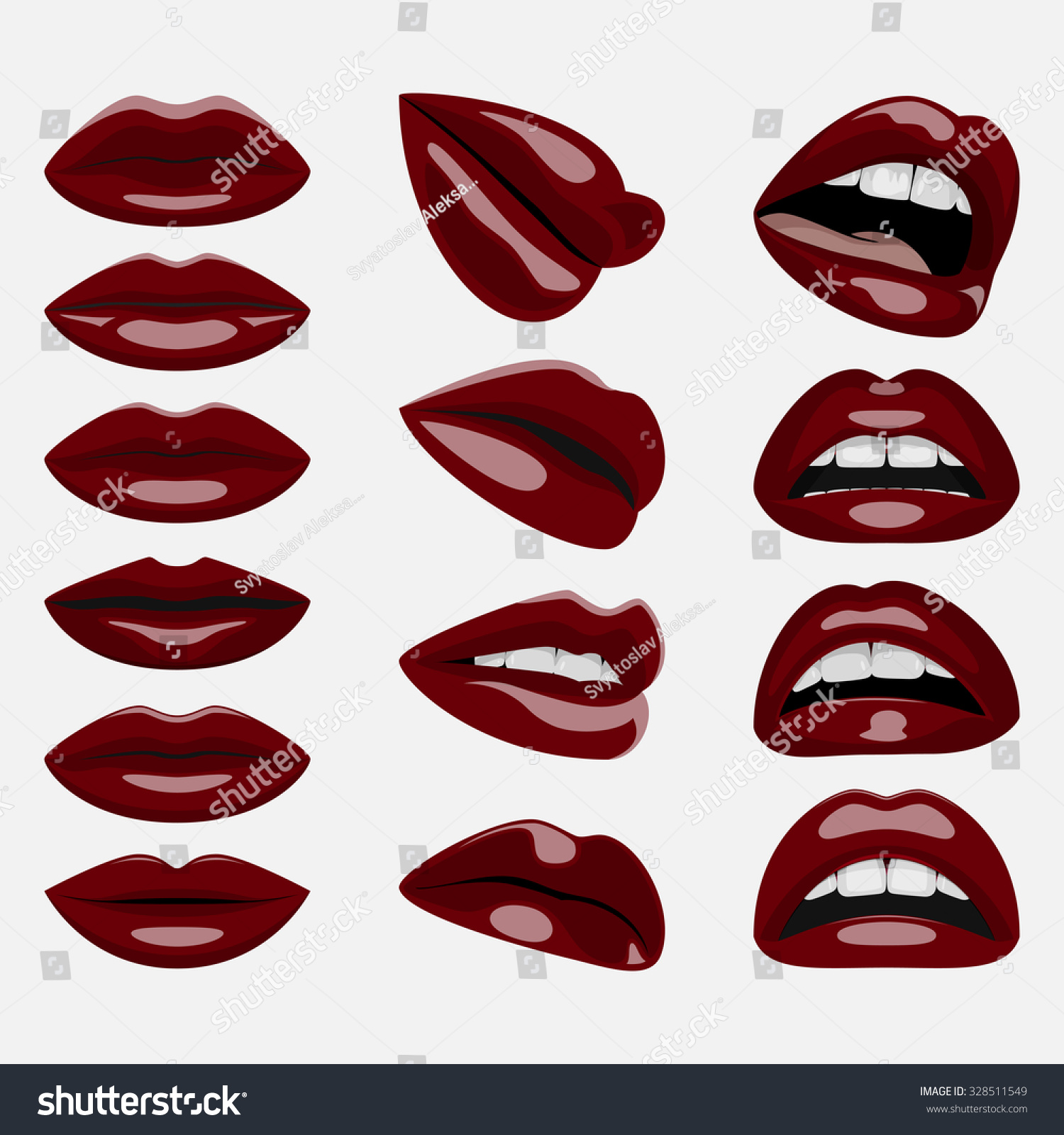 Glossy Dark Red Lips. Vector Beauty Set Of Open And Closed Woman Mouths ...