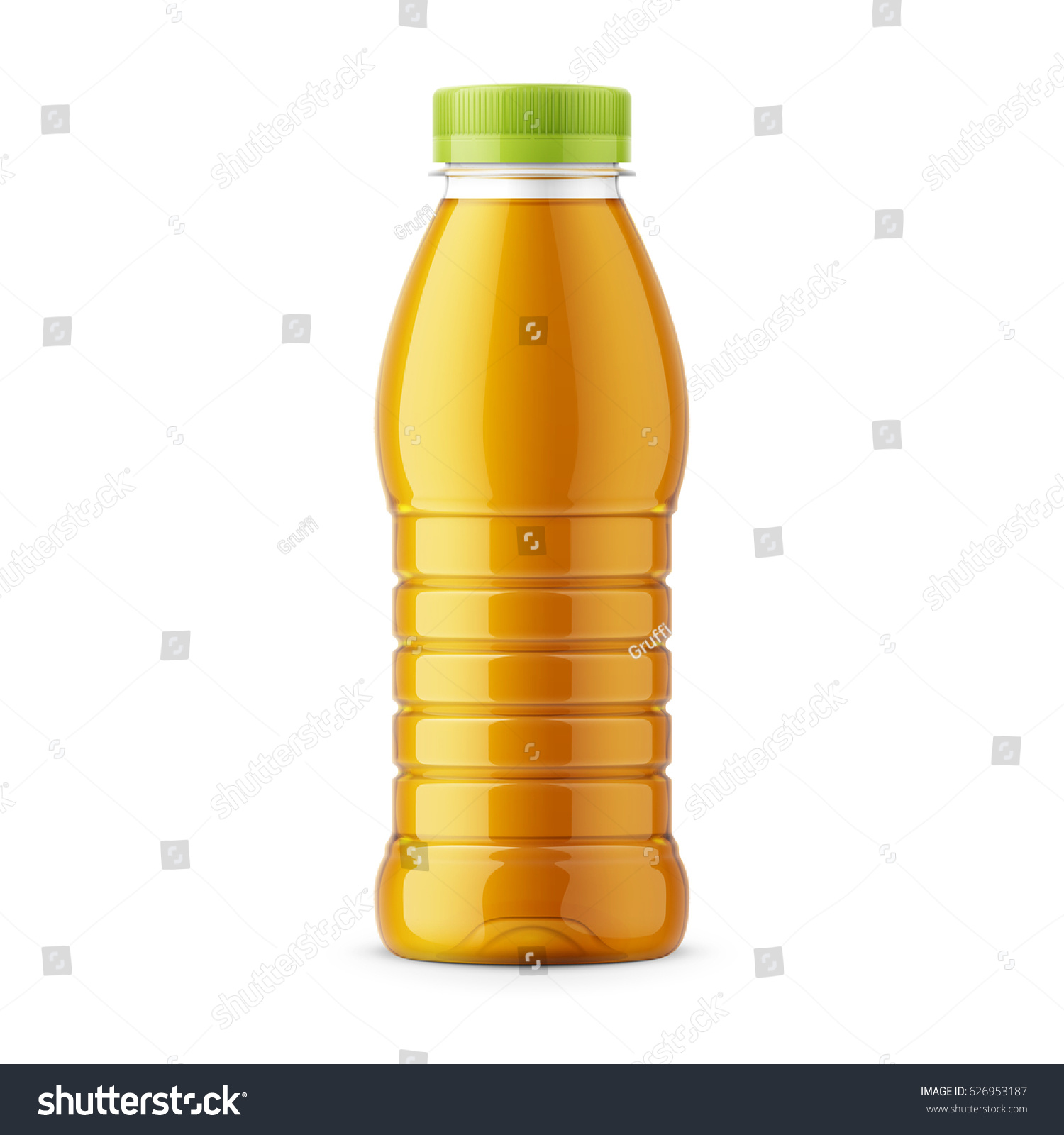 SVG of Glossy transparent PET bottle with screw cap for apple juice. 385 ml. Realistic packaging mockup template. Front view. Vector illustration. svg