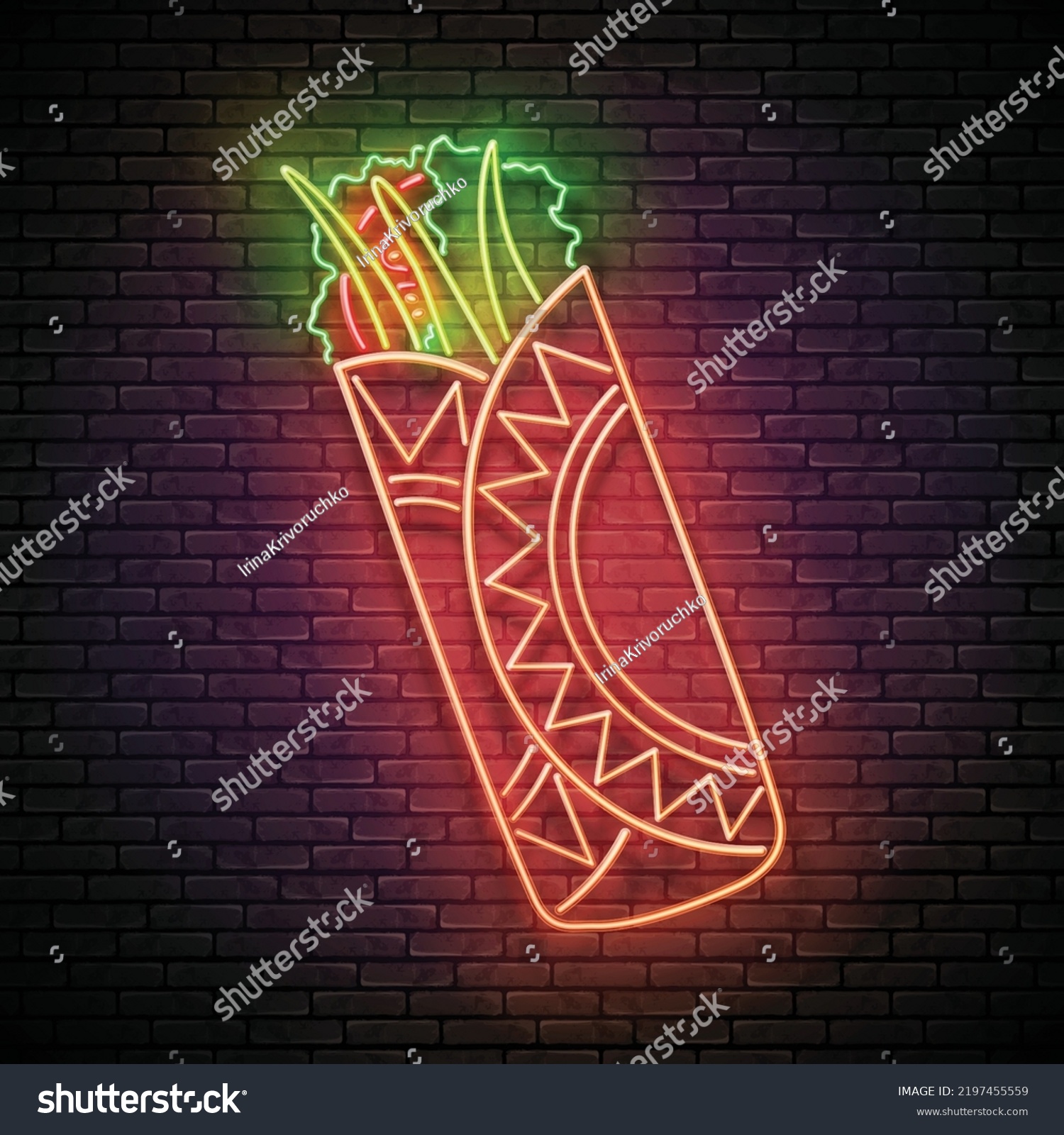 SVG of Glow Mexican chimichanga. Traditional ethnic food, appetizer. Neon Light Poster, Flyer, Banner, Signboard. Brick Wall. Vector 3d Illustration  svg