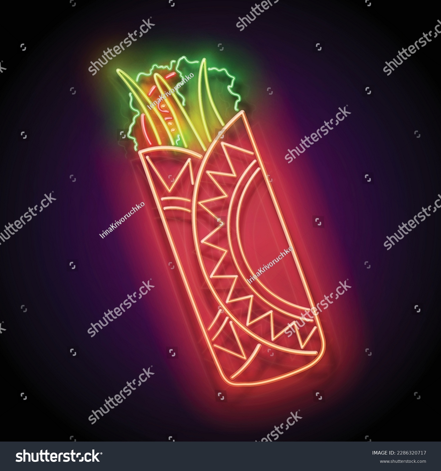SVG of Glow Mexican chimichanga. Traditional ethnic food, appetizer. Neon Light Poster, Flyer, Banner, Signboard. Glossy Background. Vector 3d Illustration  svg