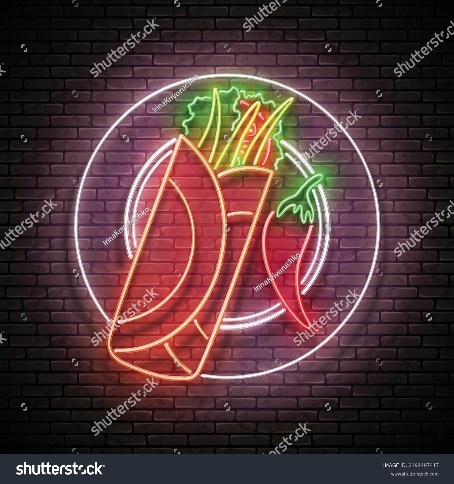 SVG of Glow Mexican spicy chimichanga on the plate. Traditional ethnic food, appetizer. Neon Light Poster, Flyer, Banner, Signboard. Brick Wall. Vector 3d Illustration  svg