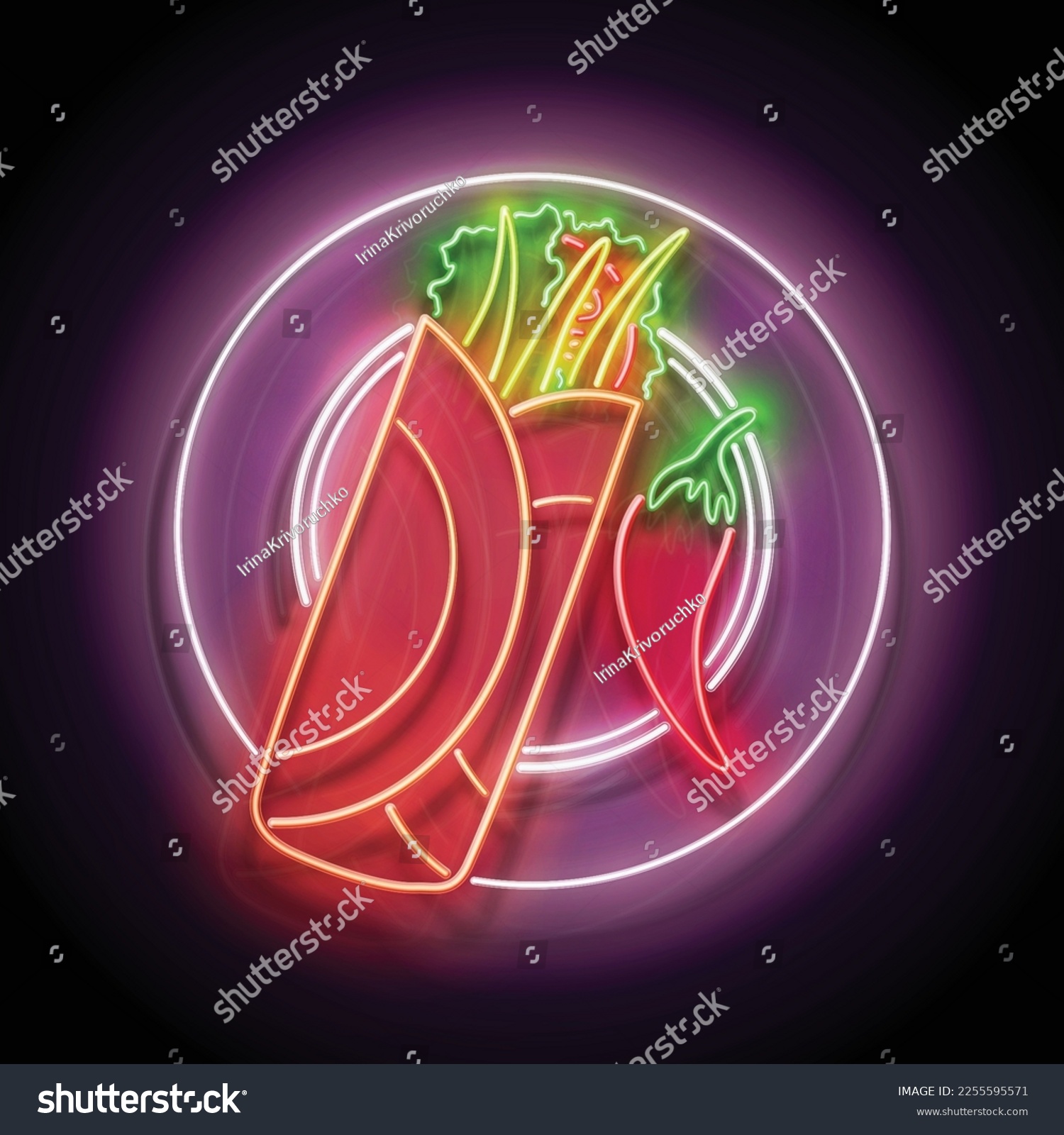 SVG of Glow Mexican spicy chimichanga on the plate. Traditional ethnic food, appetizer. Neon Light Poster, Flyer, Banner, Signboard. Glossy Background. Vector 3d Illustration  svg