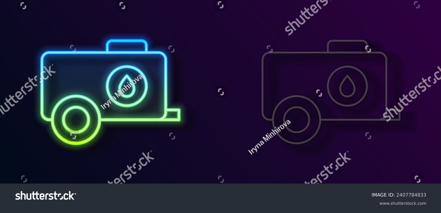 SVG of Glowing neon line Mobile water tank - bowser icon isolated on black background. Water tank delivering water.  Vector svg