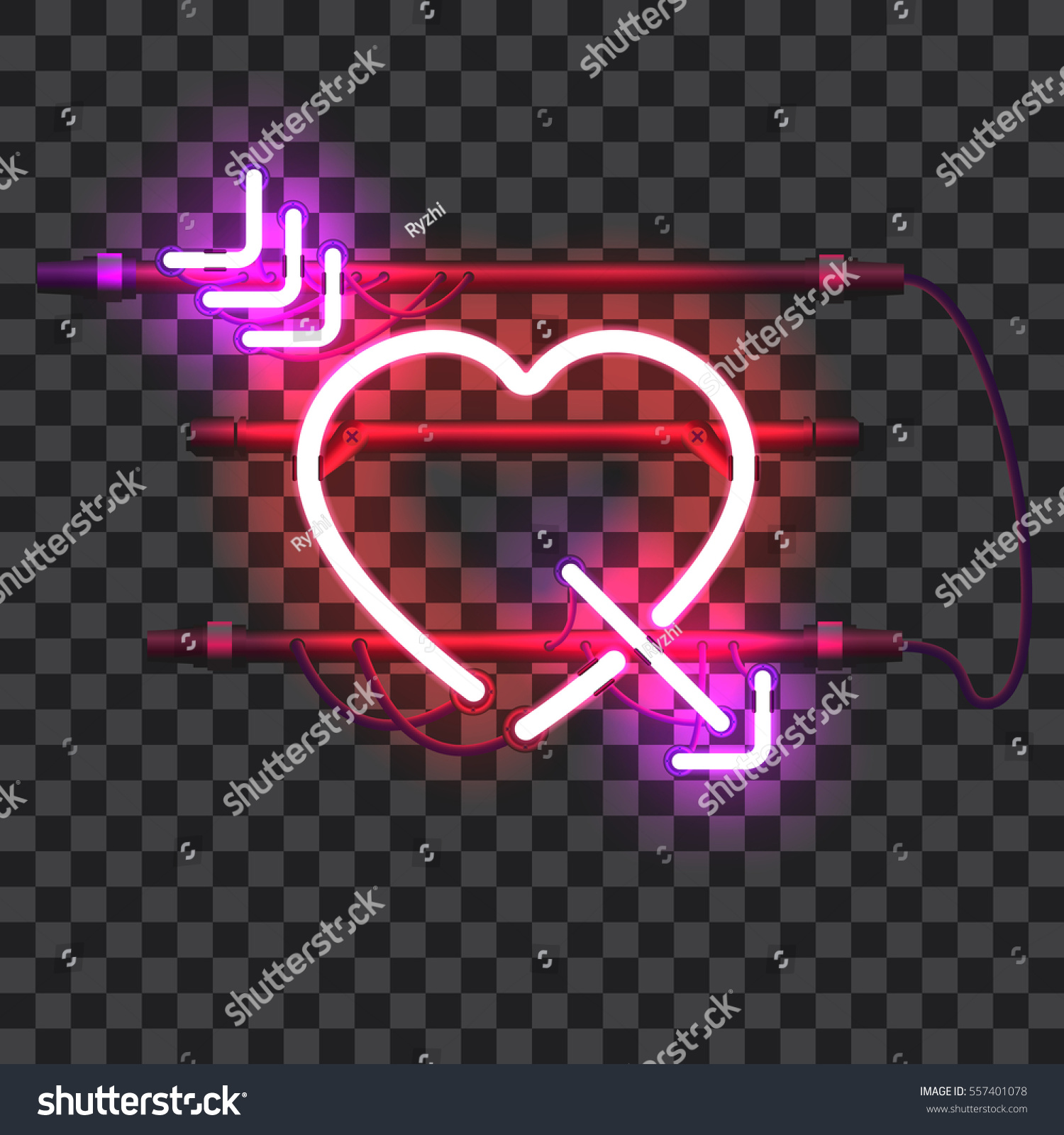 透明な背景に赤いネオンハートに紫色の矢印を刺し ホルダー ブラケット ワイヤーを付けます 輝く輝くネオン効果 バレンタインハート 愛と結婚のシンボル のベクター画像素材 ロイヤリティフリー