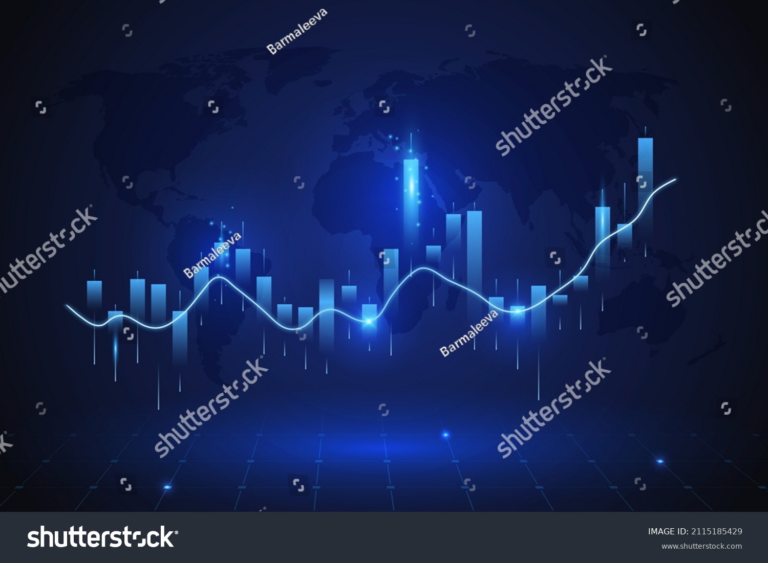SVG of Glowing vector chart of investment financial data. Graph stock market with rising candlesticks. Infographic elements and world map. Analysis indicators, statistics diagram, business charts svg