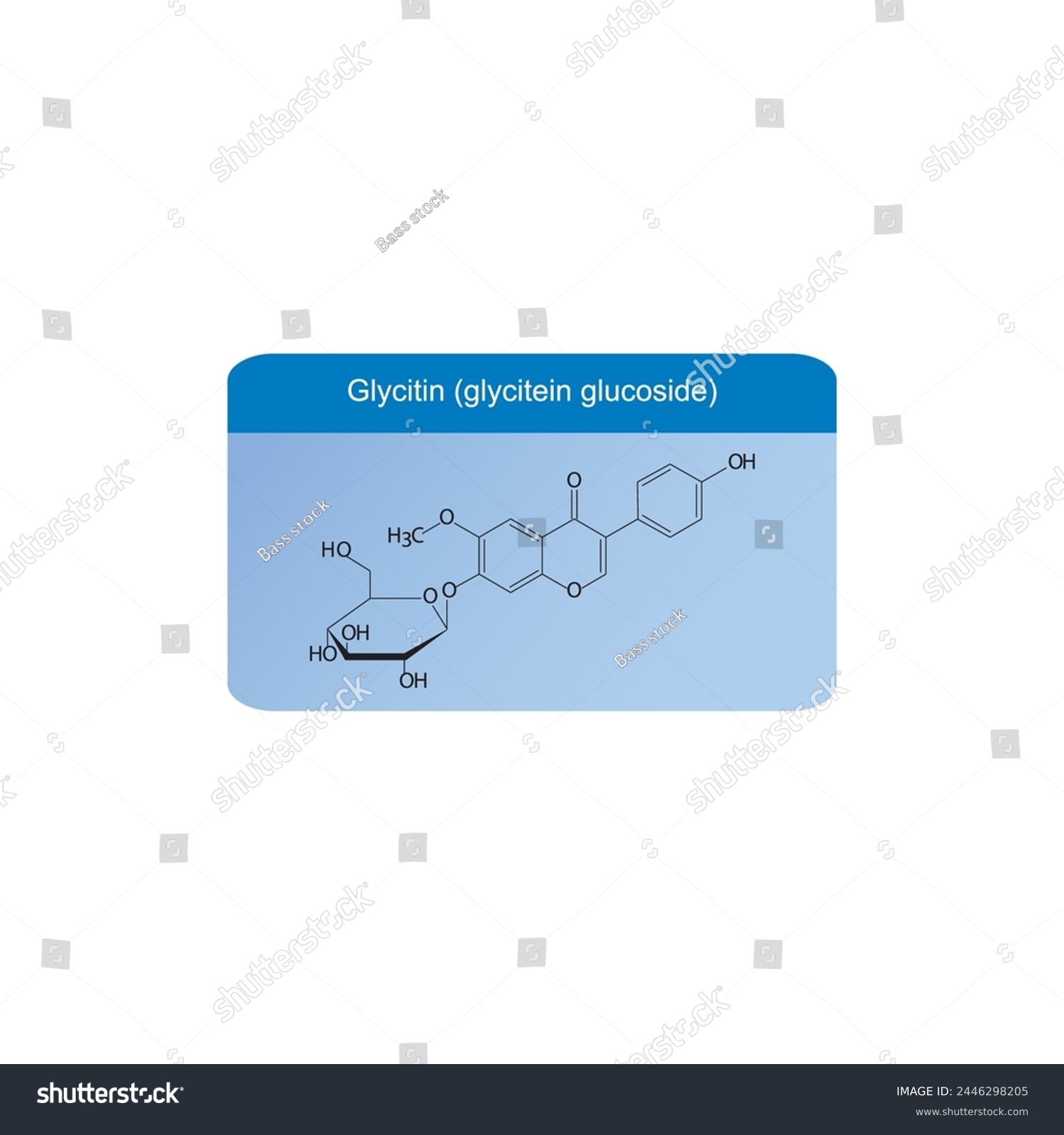SVG of Glycitin (glycitein glucoside) skeletal structure diagram.Isoflavanone compound molecule scientific illustration on blue background. svg