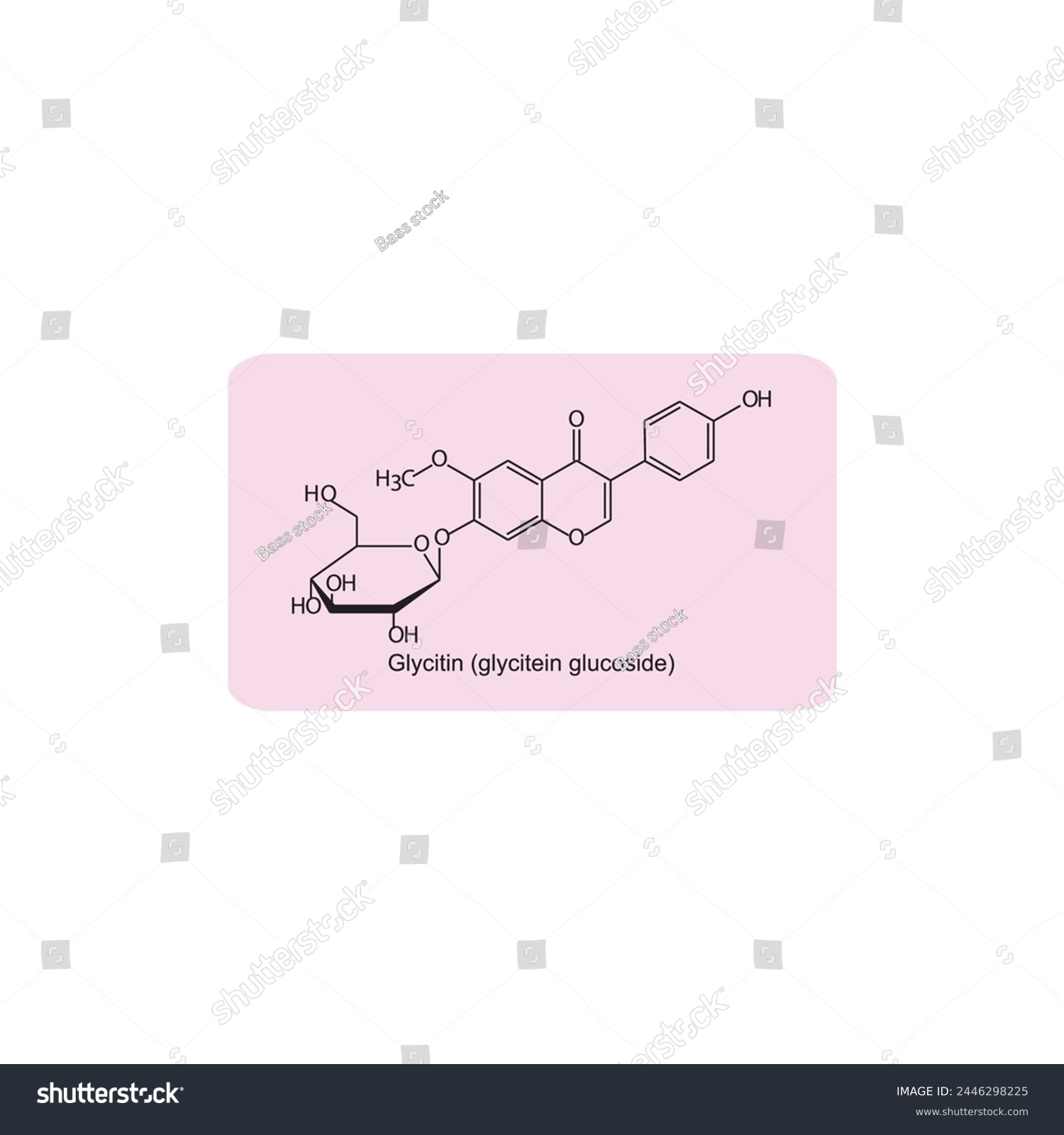 SVG of Glycitin (glycitein glucoside) skeletal structure diagram.Isoflavanone compound molecule scientific illustration on pink background. svg