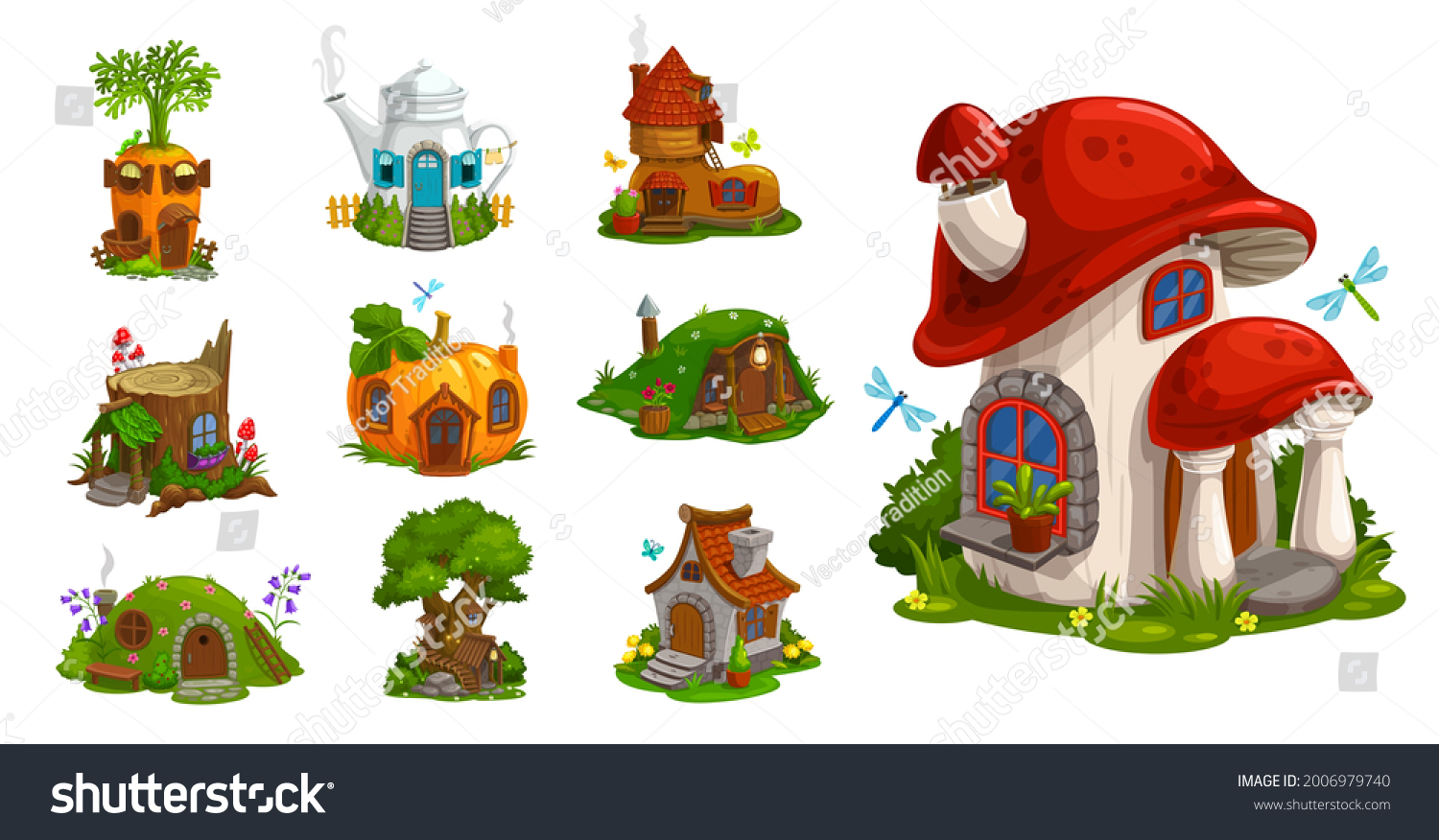 SVG of Gnome houses vector icons, cartoon fantasy building made of plants, vegetables and trees with green leaves. Fairy, gnome or elf cute homes in pumpkin, mushroom, carrot, stump and pot isolated set svg