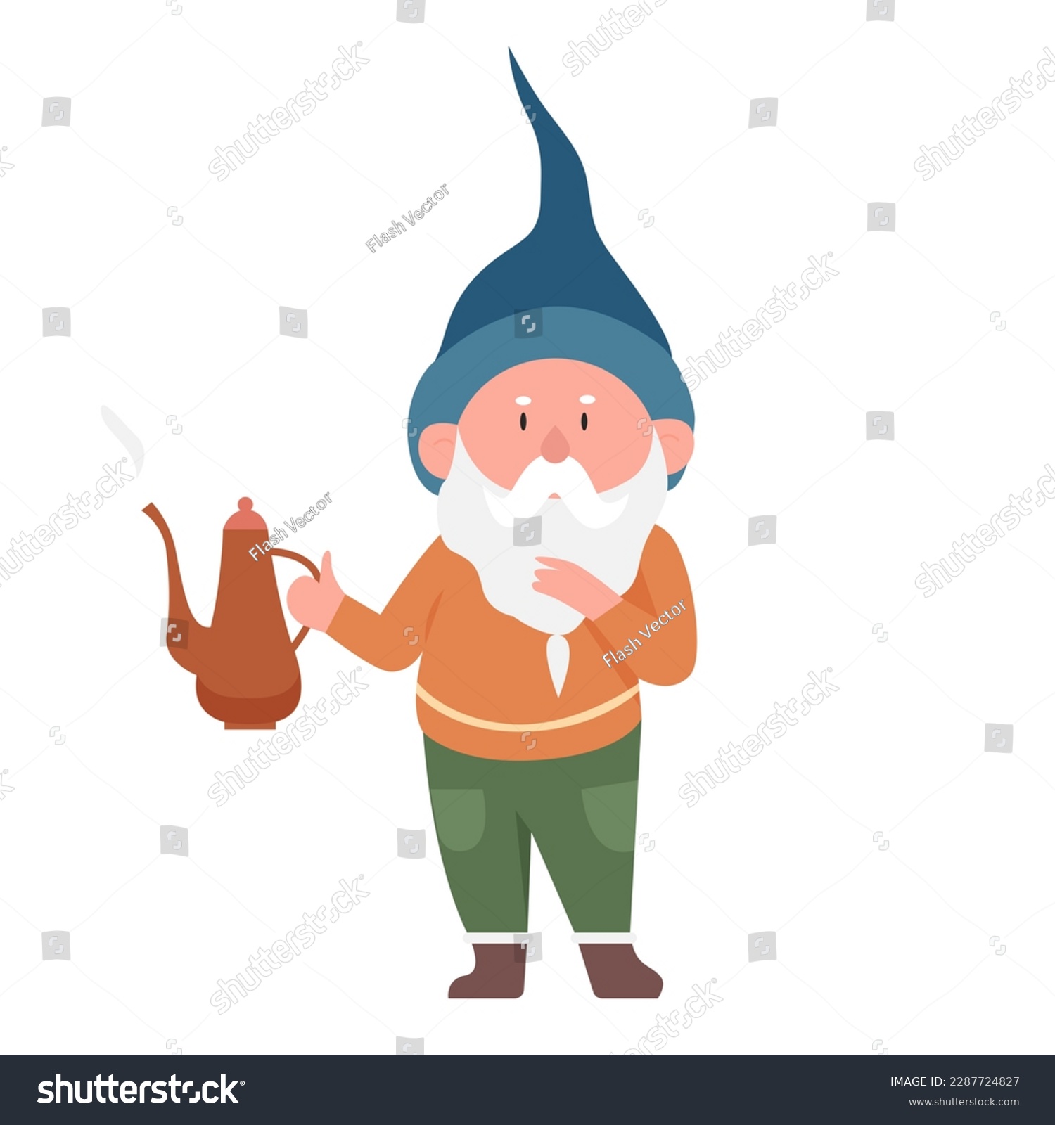 SVG of Gnome with tea kettle. Fairytale character holds teapot, magic dwarf vector illustration svg