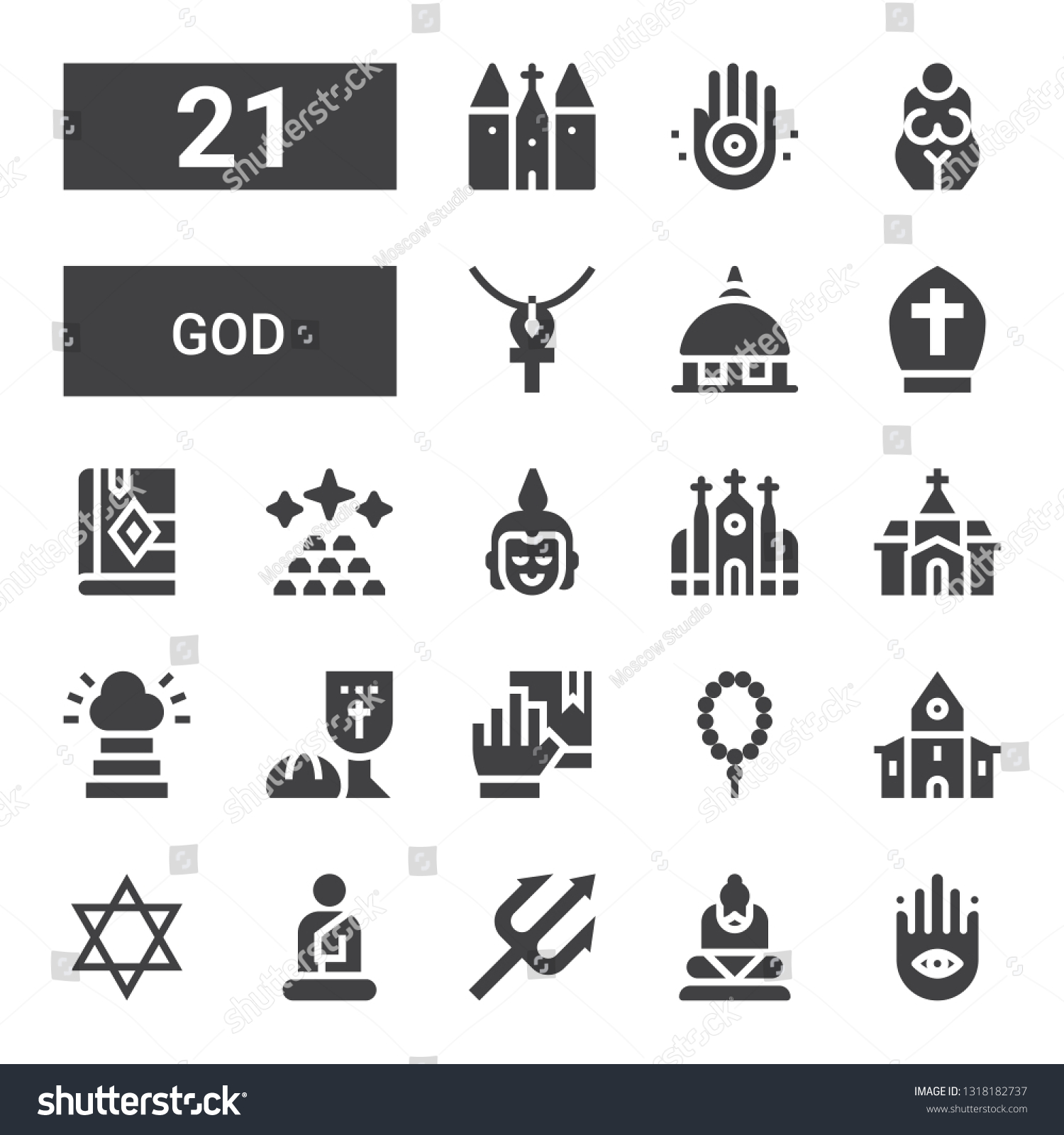 SVG of god icon set. Collection of 21 filled god icons included Buddhism, Buddha, Trident, Judaism, Church, Prayer, Oath, Last supper, Heaven, Ingots, Bible, Pope, Vatican, Ankh, Goddess svg