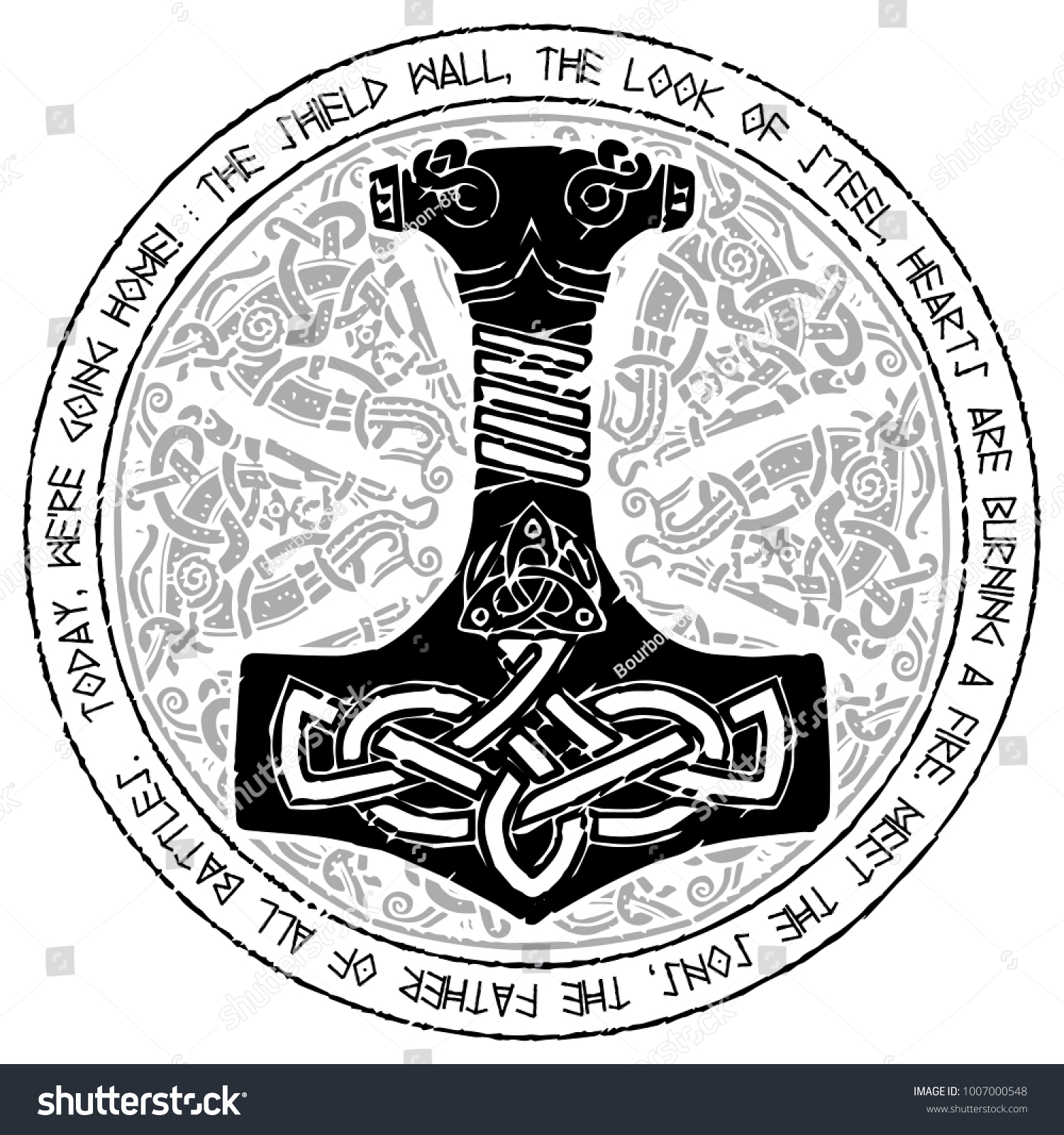 SVG of God Thor Hammer - Mjollnir. Round traditional Scandinavian ornament and runic text, isolated on white, vector illustration svg