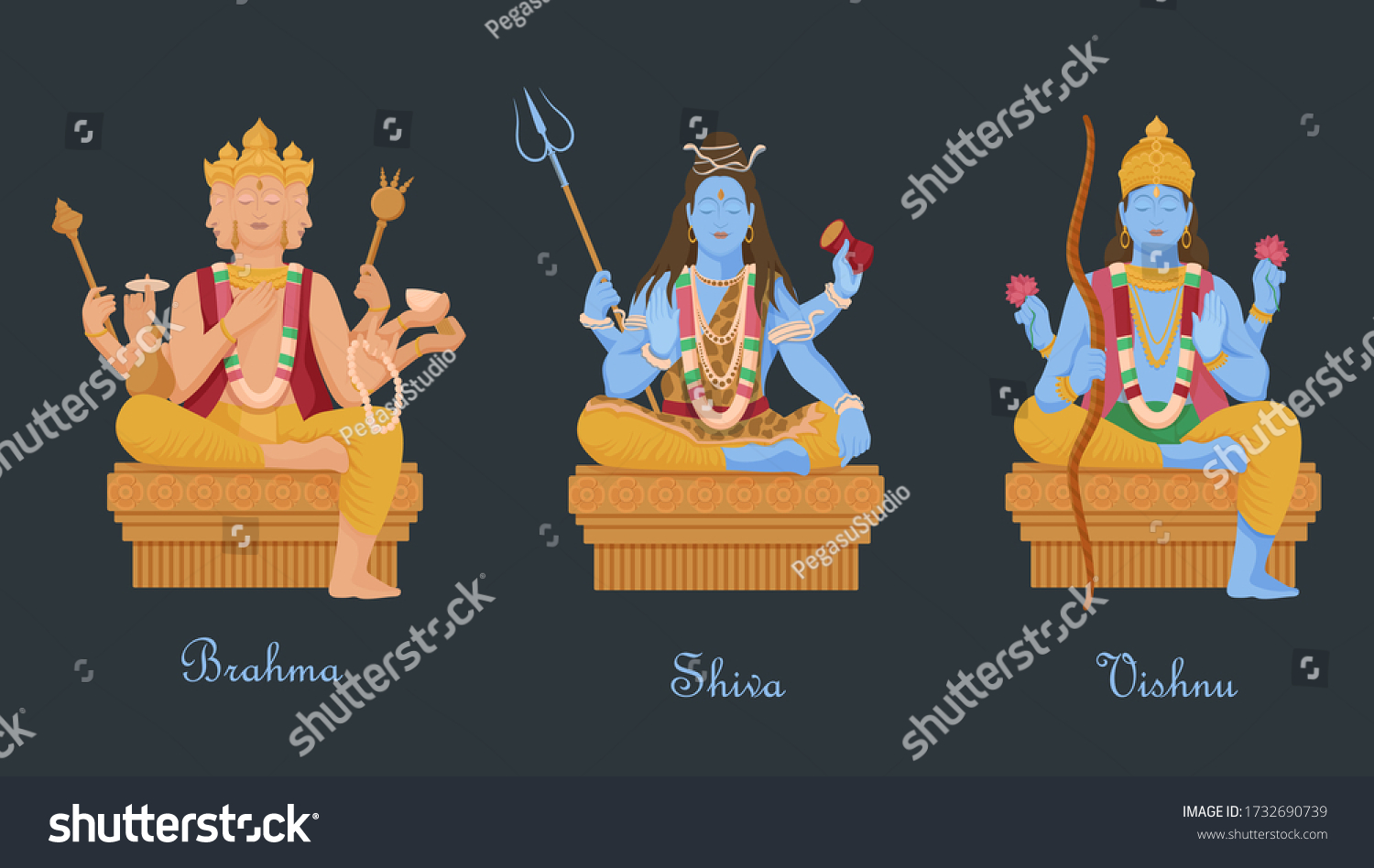 SVG of Gods of hinduism vishnu, shiva, brahma. Three main hindu deities creators of universe four headed vector brahma with rosary shiva trident and snake cartoon vishnu bow and lotus. svg