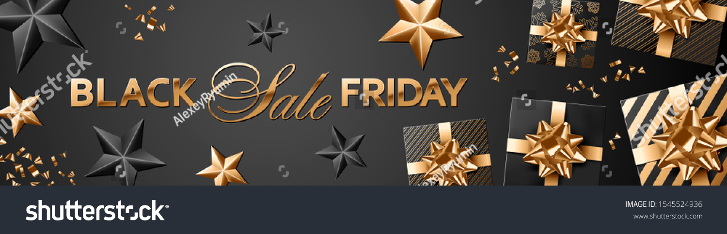 Gold and dark Black Friday Sale vector banner or site header composition with gifts, golden bows and ribbons, gold and black stars, confetti.
