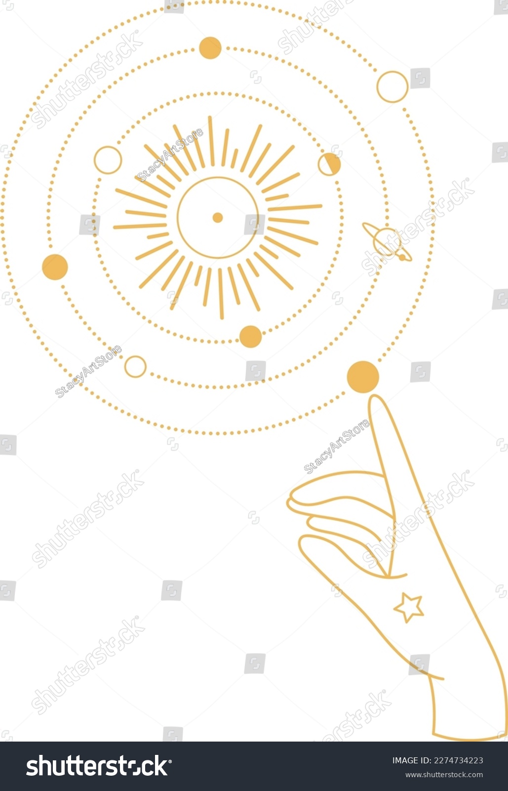 SVG of Gold Bohemian Universe Illustration with Moon Phases, Sun, Stars and Rays. Astrology SVG Vector Clipart. Celestial, Mystical, Esoteric designs perfect for Printing. T-shirt, Mugs Cut File. svg