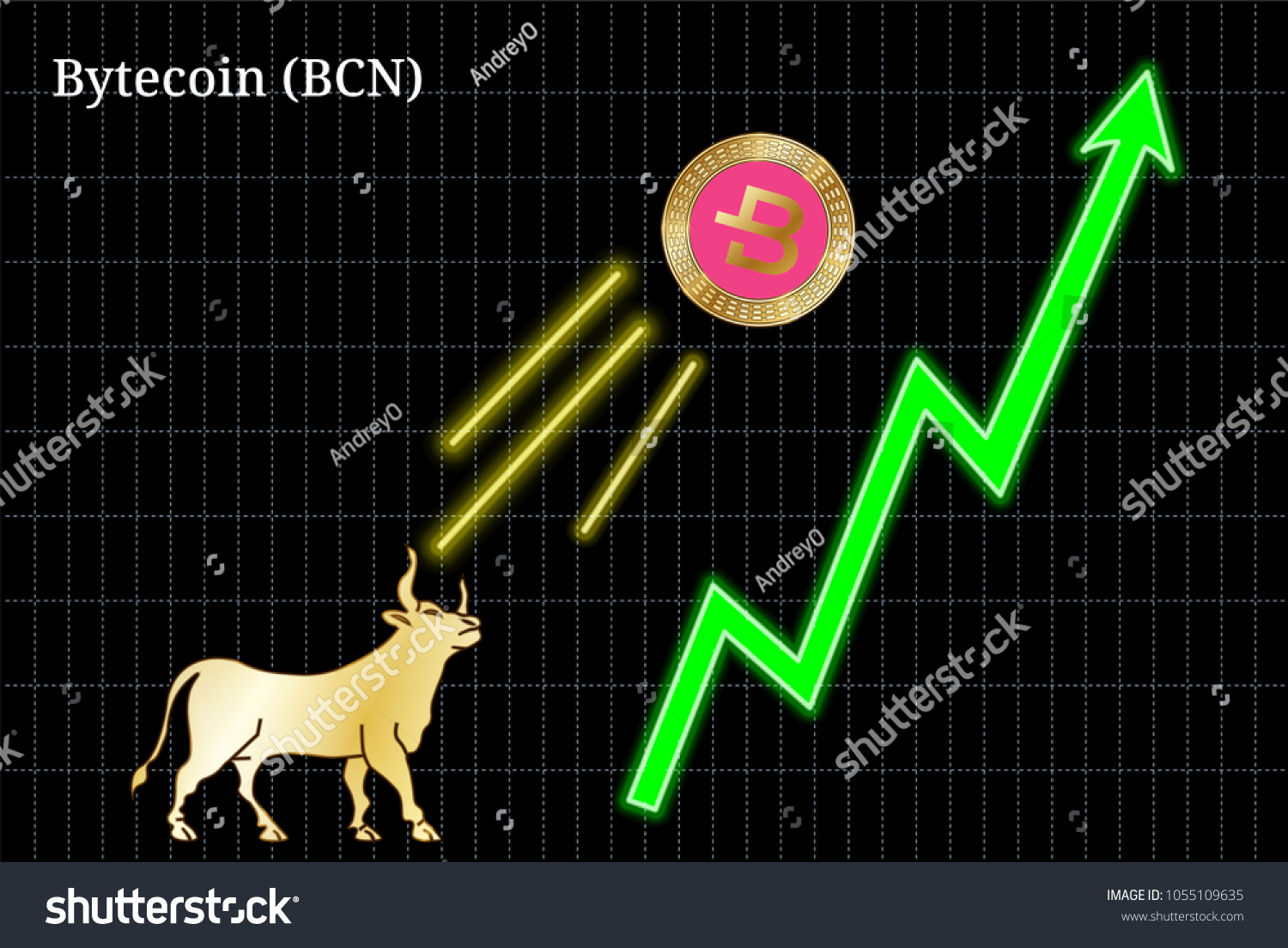 SVG of Gold bull, throwing up Bytecoin (BCN) cryptocurrency golden coin up the trend. Bullish Bytecoin (BCN) chart svg