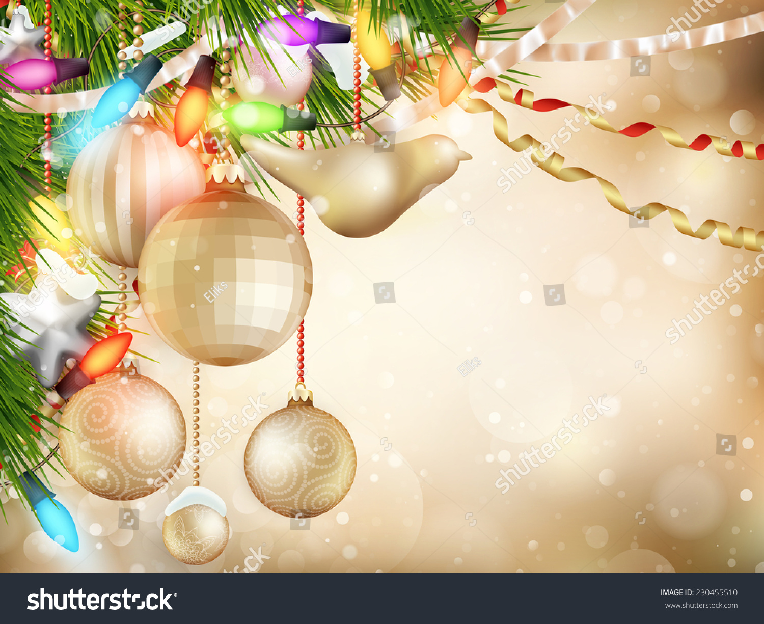 Gold Christmas Background Of De-Focused Lights With Decorated Tree. Eps ...