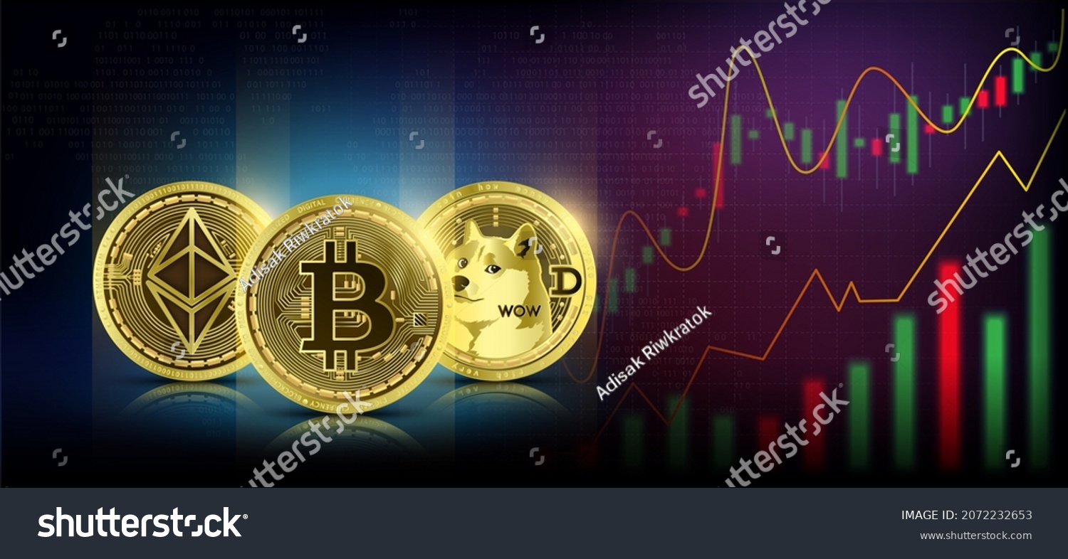 SVG of Gold coin Bitcoin, Ethereum and Dogecoin on world map. Cryptocurrency. Blockchain stock market growth . Big data information mining technology. Internet electronic payment futuristic. 3D vector. svg