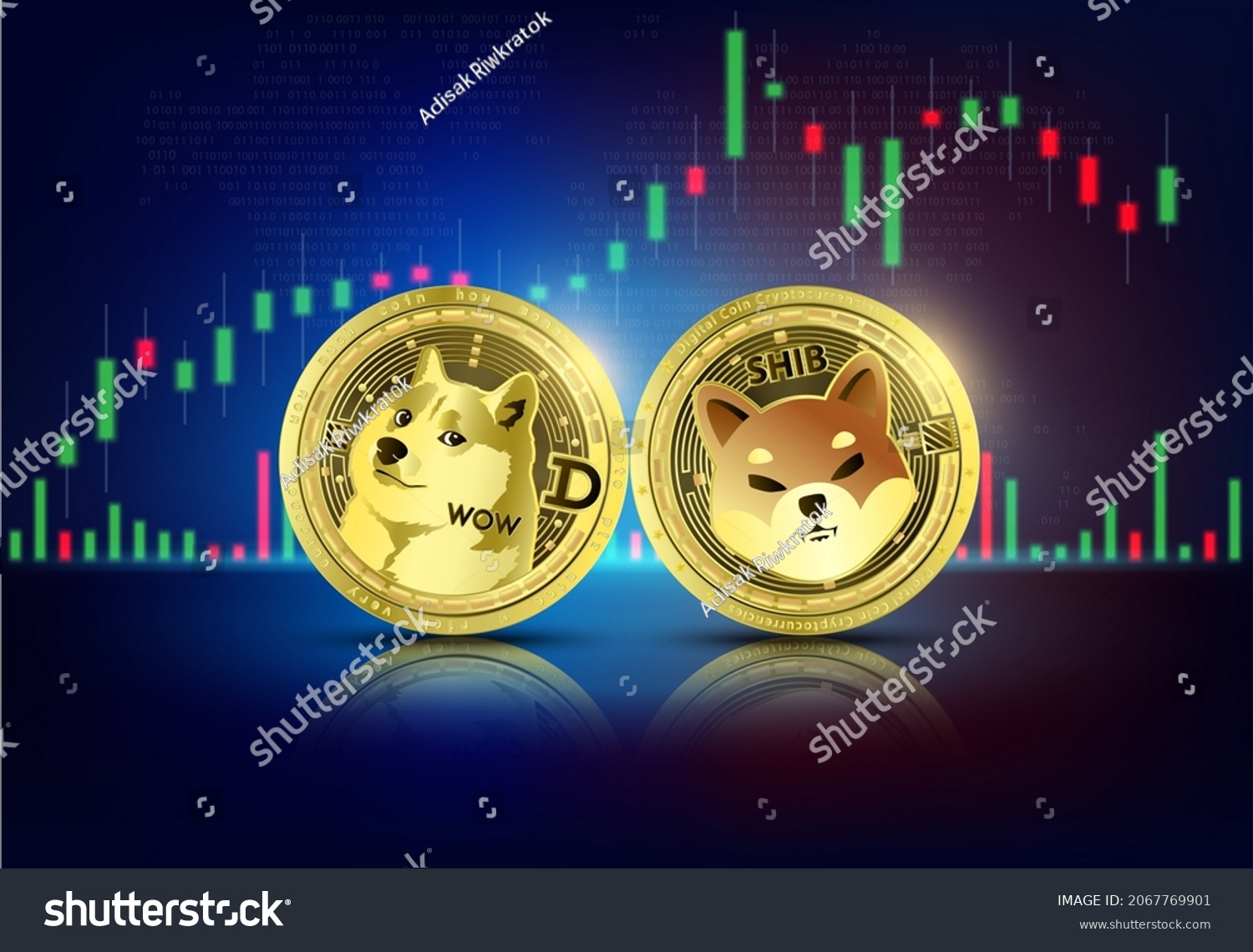 SVG of Gold coin Dogecoin (DOGE) and Shiba inu (SHIB) on world map. Cryptocurrency. Stock market growth competition Big data information mining technology. Internet electronic payment futuristic. 3D vector. svg