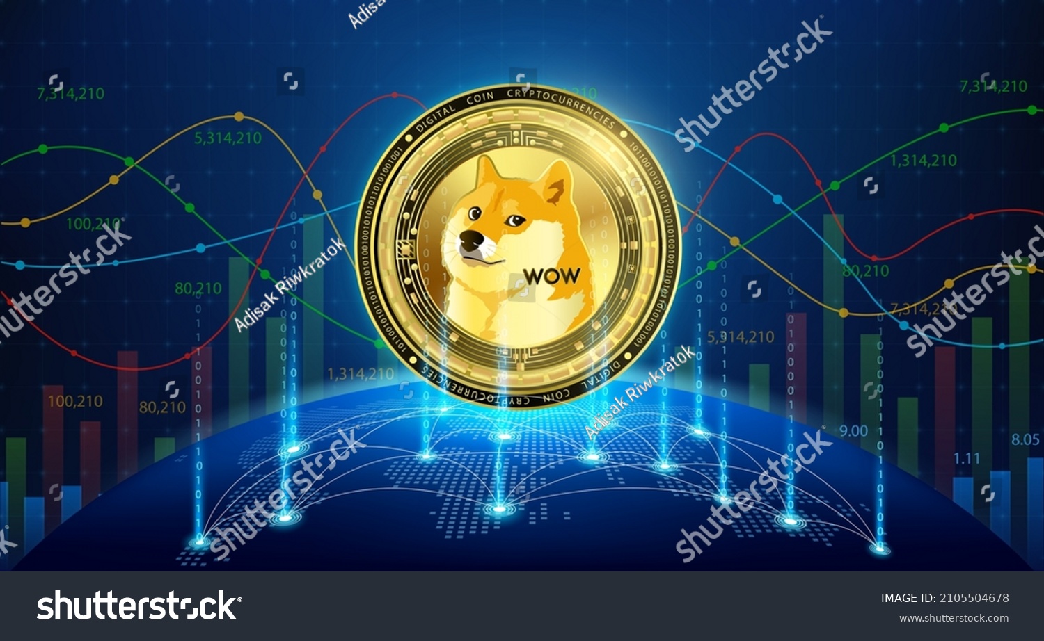 SVG of Gold coin Dogecoin on world map. Cryptocurrency. Stock market growth competition. Global connection suitable for financial investment or crypto currency trends business. 3D vector. svg