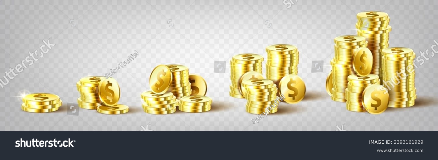 SVG of Gold coins. 3d money stack, pile of casino dollars, realistic game deposit cash, different treasures expensive prize. Yellow metallic realistic isolated elements. Vector finance illustration svg