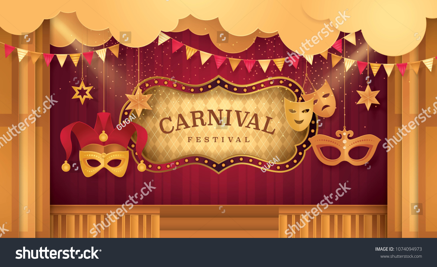 SVG of Gold Curtains stage with Circus Frame Border, Cloud and Hanging Carnival Mask, Venetian Jester mask, Triangle bunting flags, Fun Fair, Day Scene festival, Theme Theater, Paper art vector illustration svg