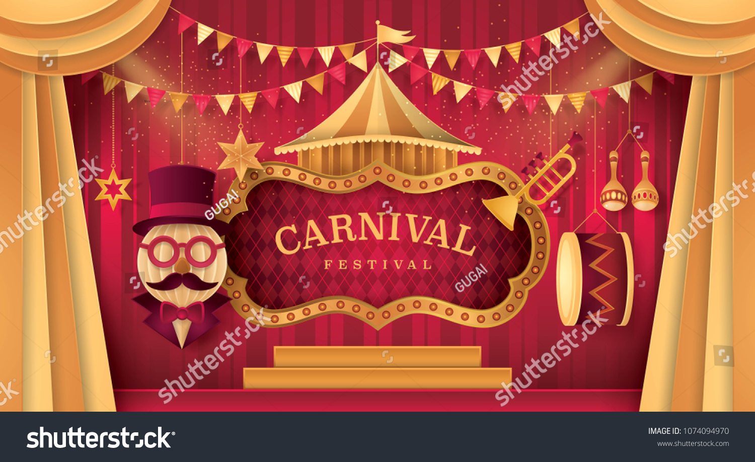 SVG of Gold Curtains stage with Circus Frame Border, Triangle bunting flags and Hanging Circus Barker with Hat,Glasses and Mustache, Carnival trumpet, Mexican maracas, Drum, Paper art vector and illustration svg
