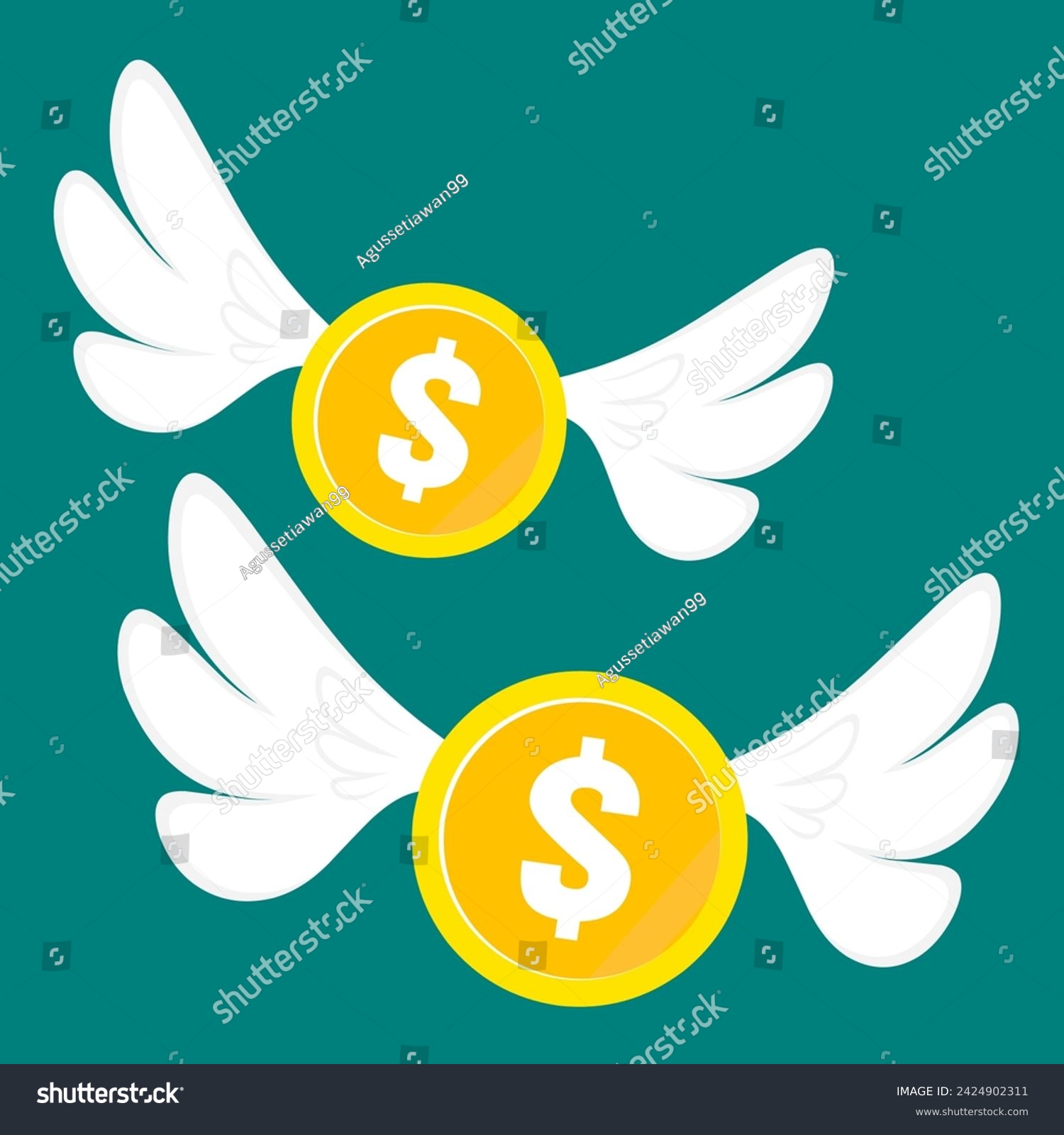SVG of Gold dollar coin flying with wings isolated on green background. Two money flies. Concept of finance, wealth, investment and spending. Vector illustration svg