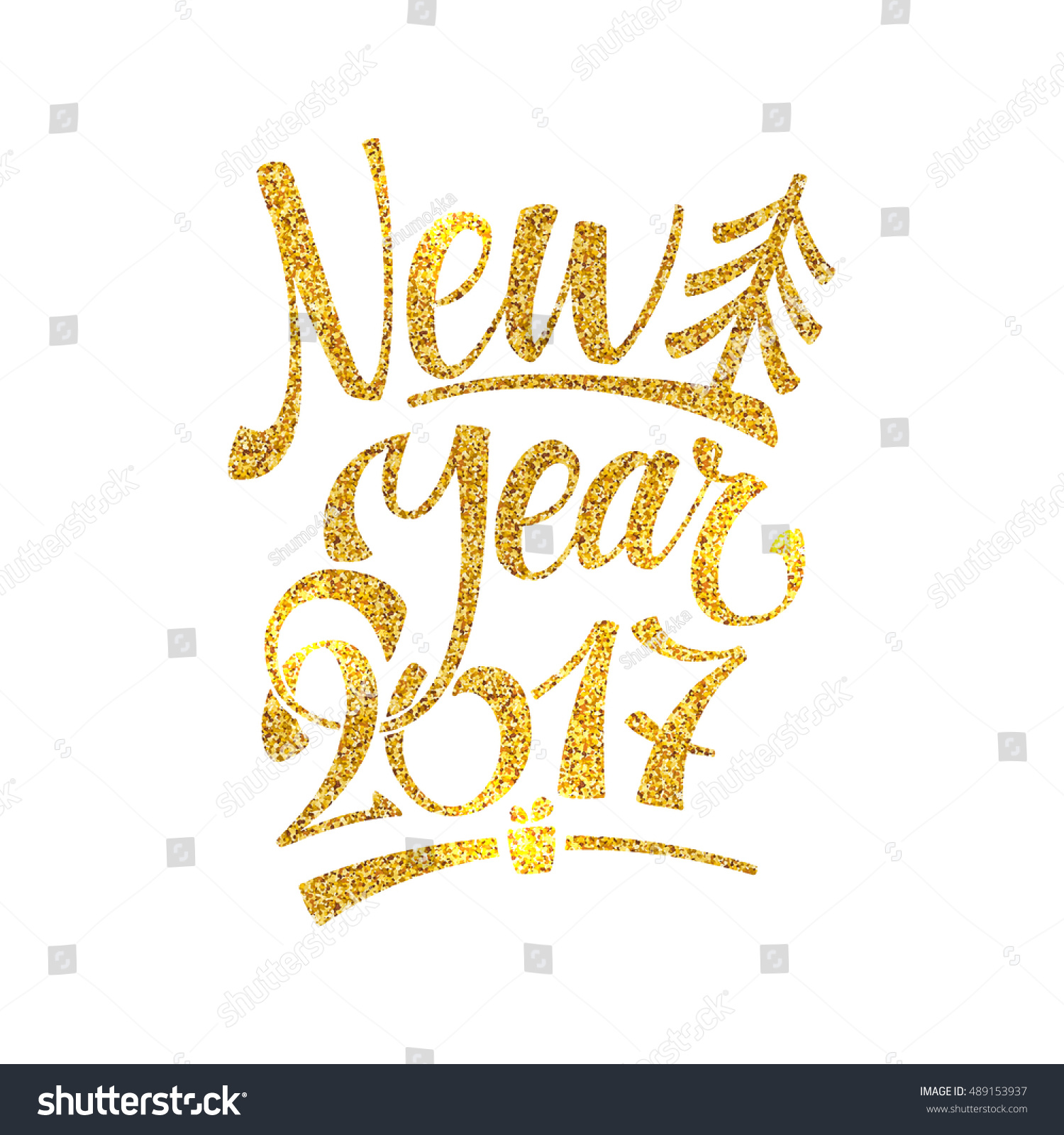 Gold Happy New Year Card. Golden Shiny Glitter. Calligraphy Greeting