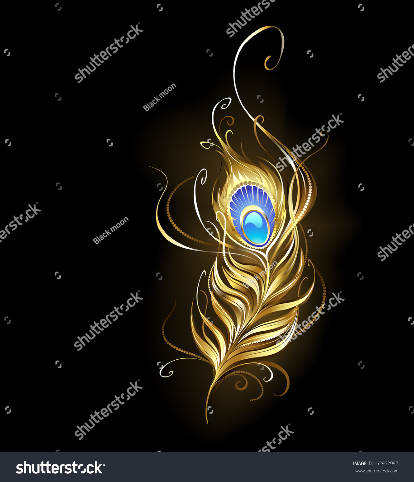 Gold, Jewelry Peacock Feather With Blue Gem On A Black Background Stock ...