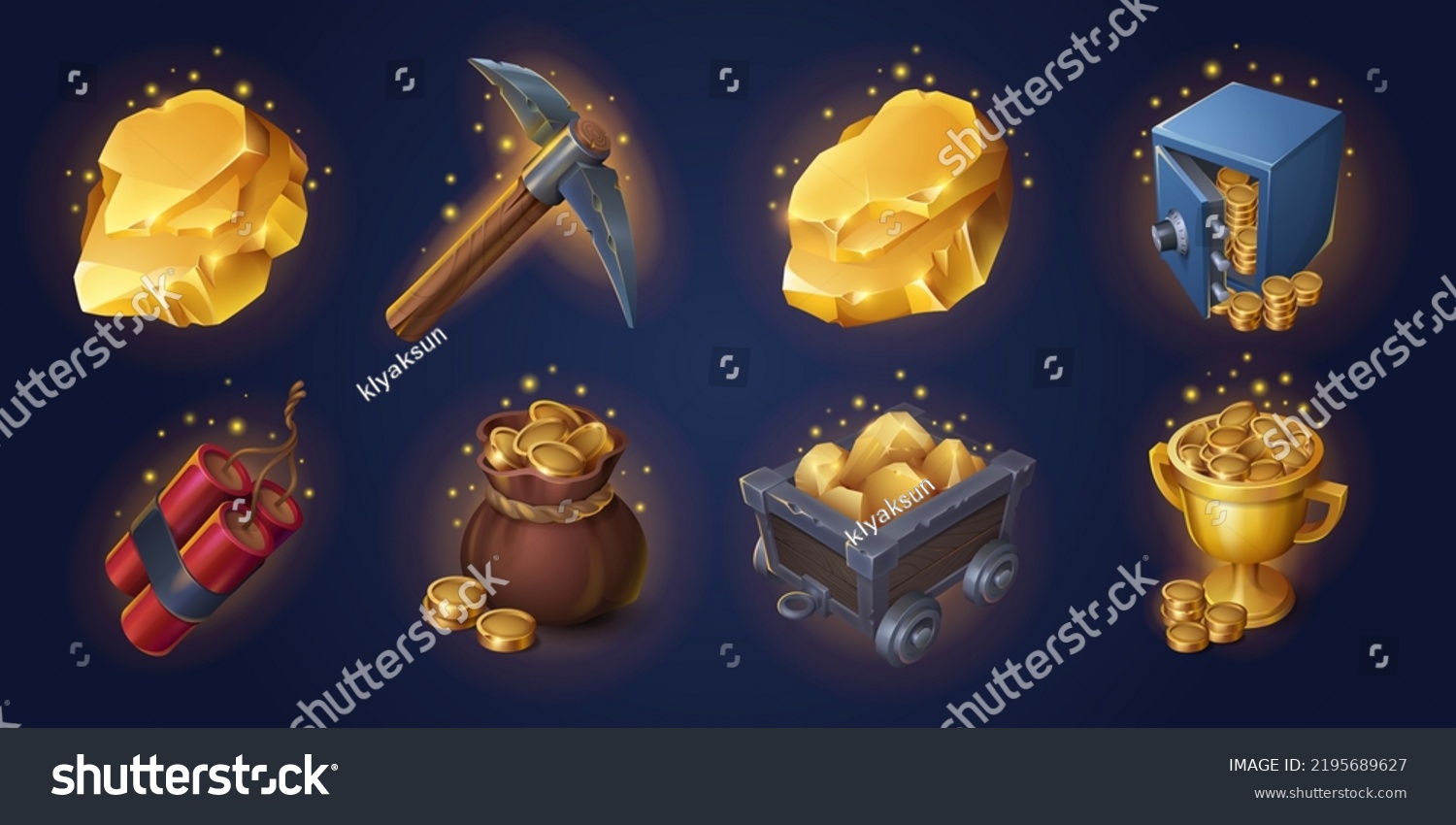 SVG of Gold mining game props collection isolated on background. Set of cartoon dynamite, pickaxe, sparkling coins in sack, cart with precious metal, safe and cup full of money. Vector ui design elements svg