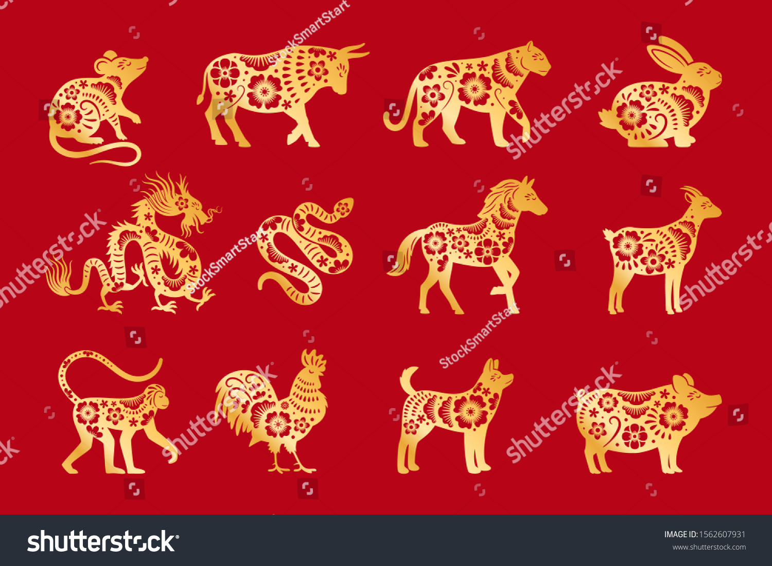 SVG of Gold on red chinese horoscope. Vector chinese animals zodiac, china calandar signs set, astrological oriental zodiacal symbols vector illustration svg