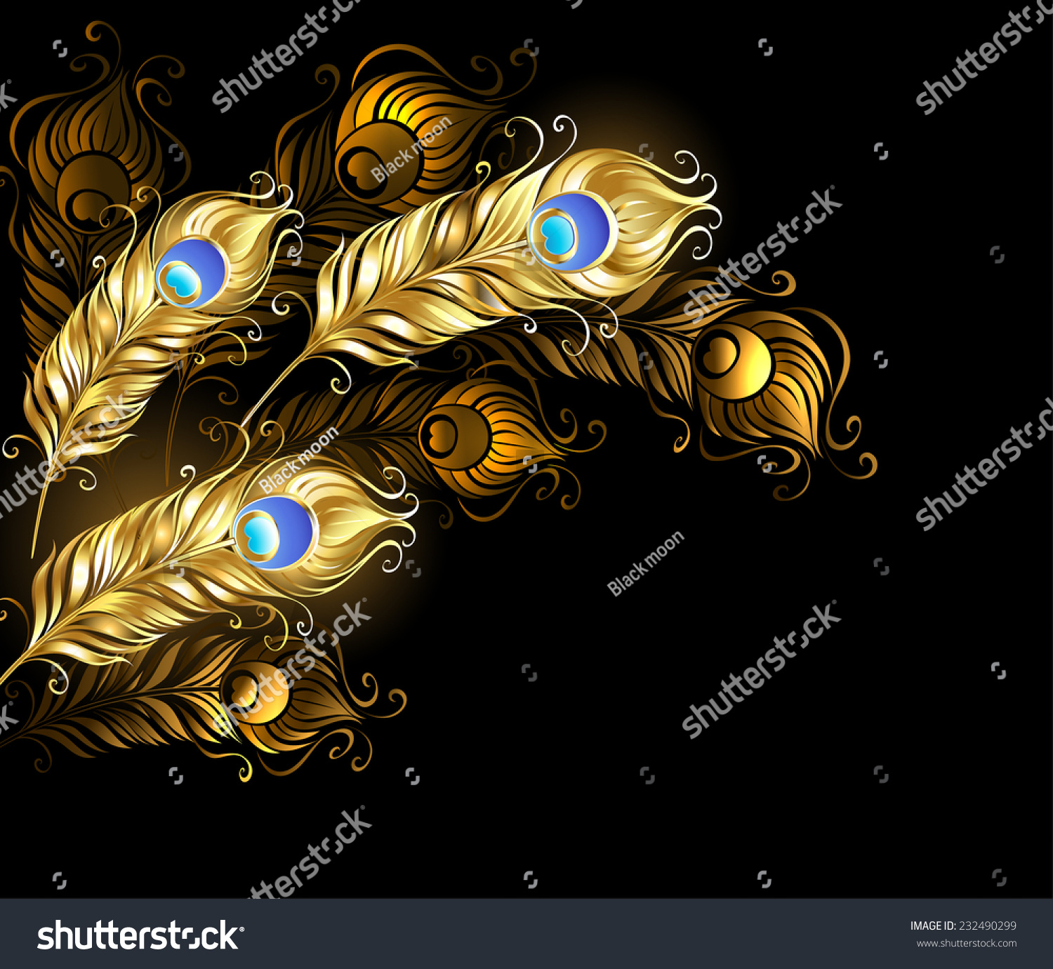 Gold Peacock Feathers On Black Background Stock Vector 232490299 ...