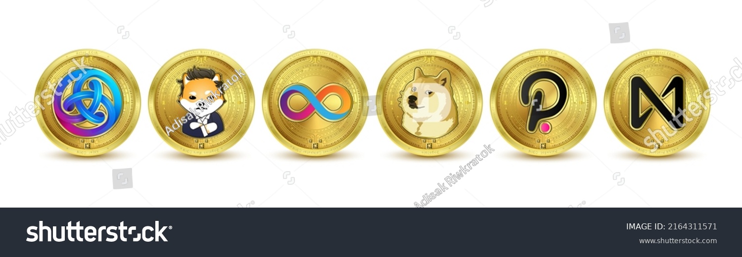 SVG of Gold token cryptocurrency. Future currency on blockchain stock market digital online. Coin crypto currencies Astar, Dogelon Mars, Dogecoin, Internet Computer, NEAR Protocol, Polkadot. Isolated Vector. svg