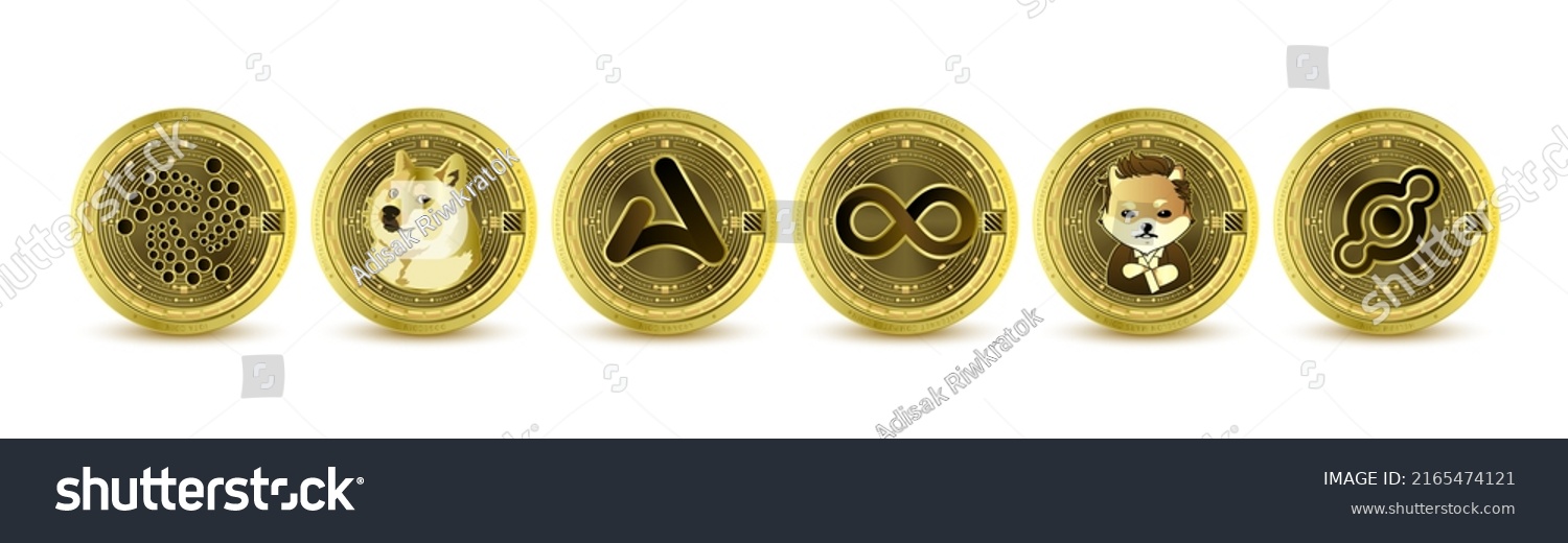 SVG of Gold token cryptocurrency. Future currency on blockchain stock market digital online. Coins crypto currencies Iota, Dogecoin, Internet Computer, Helium, Ardana, Dogelon Mars. Isolated Vector. svg