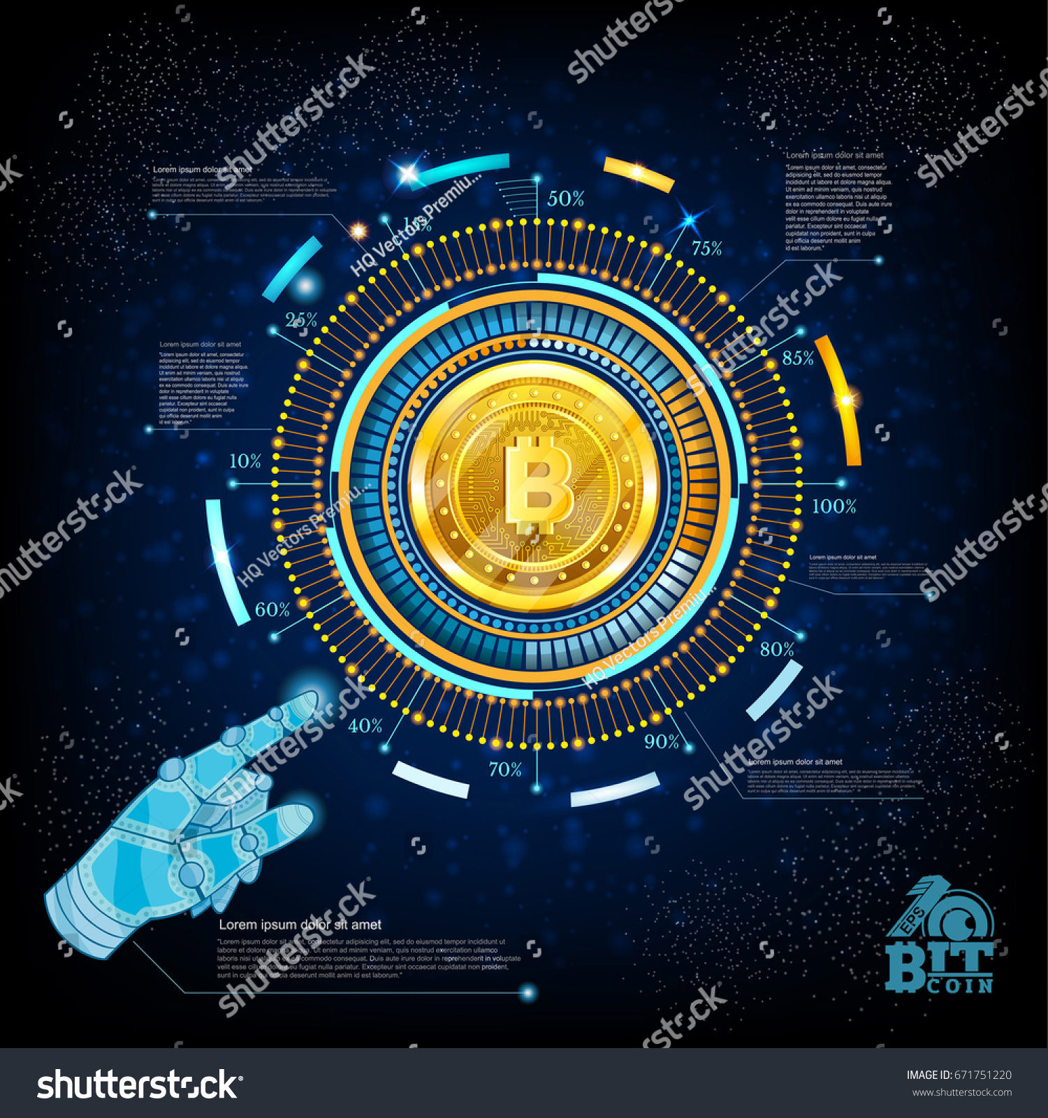 SVG of Golden bit coin in center of round high tech futuristic info graphic on blue background  svg