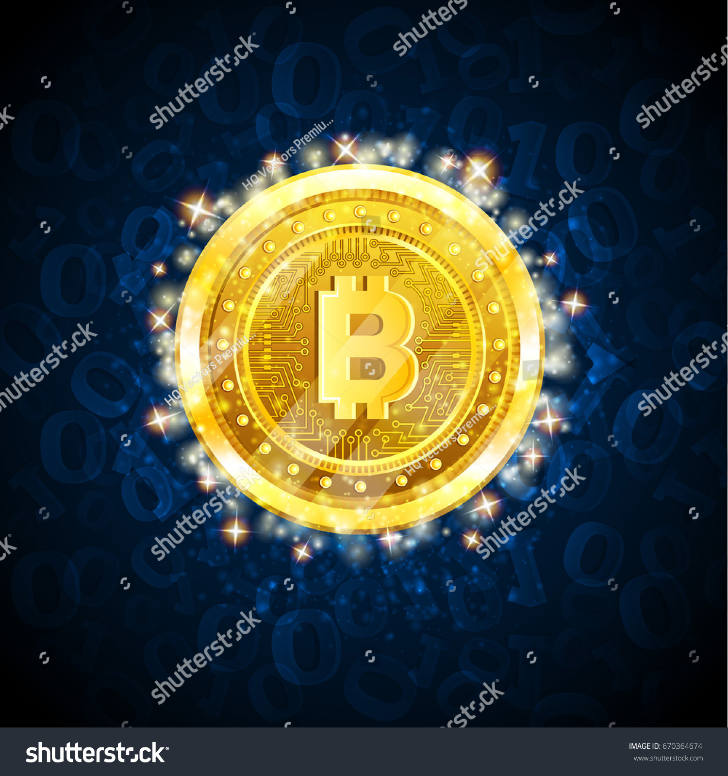 SVG of Golden bit coin in the center of blue background with binary code svg