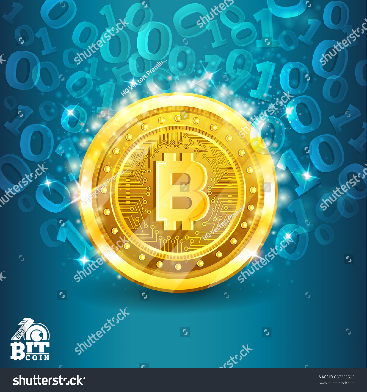 SVG of Golden bit coin in the center of blue background with binary code. Abstract vector glossy business background svg