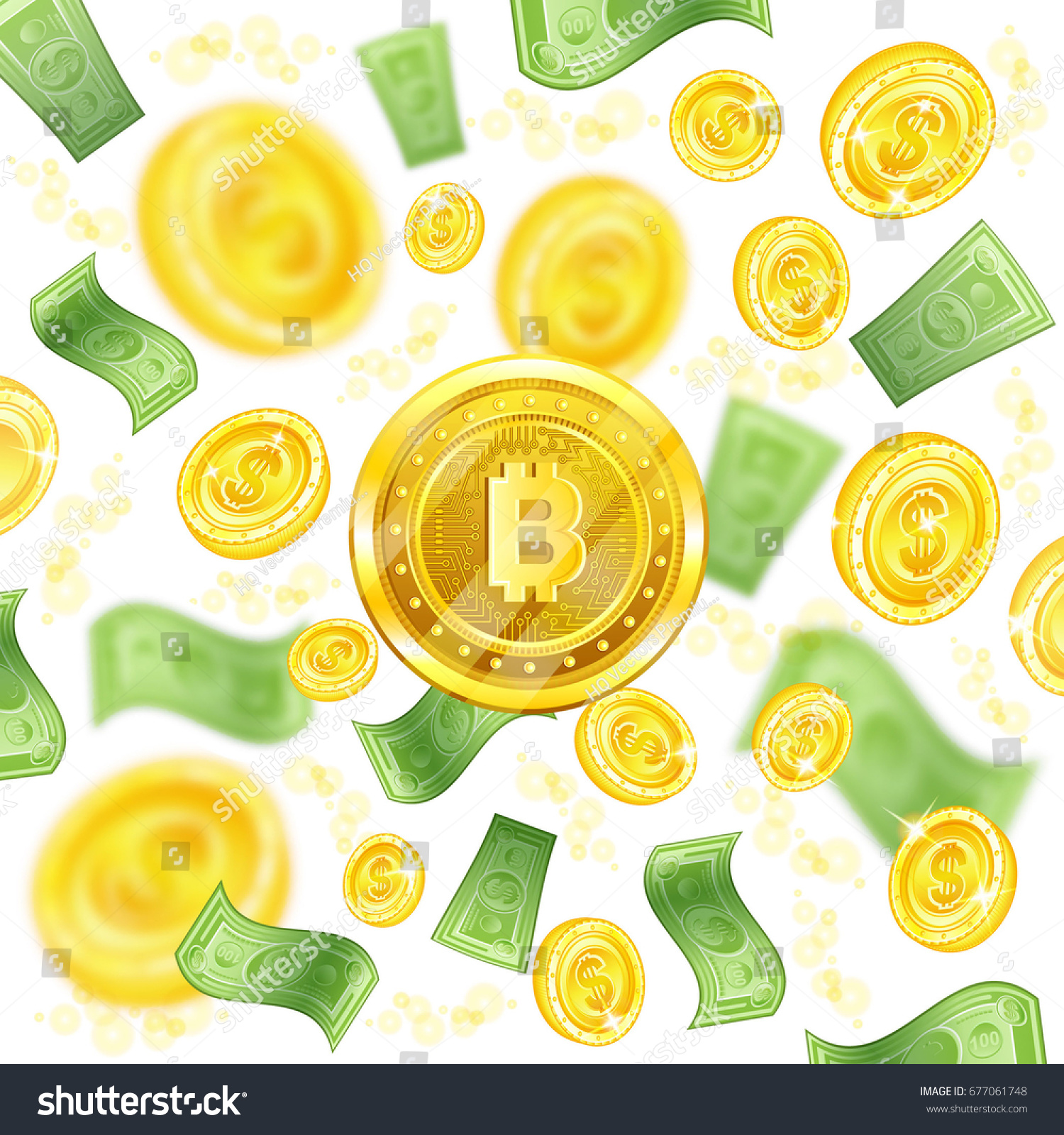SVG of Golden bit coin in the center of flying coins and banknotes with depth of field effect on white svg